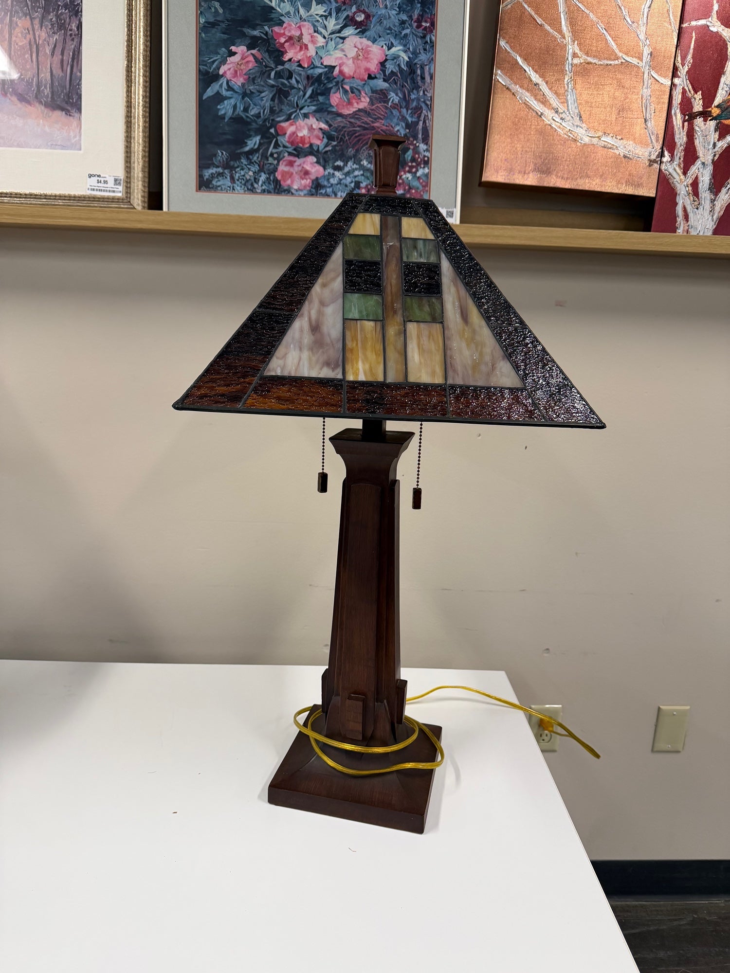 Mission Style Stained Glass Table Lamp with Tapered Wood Base
