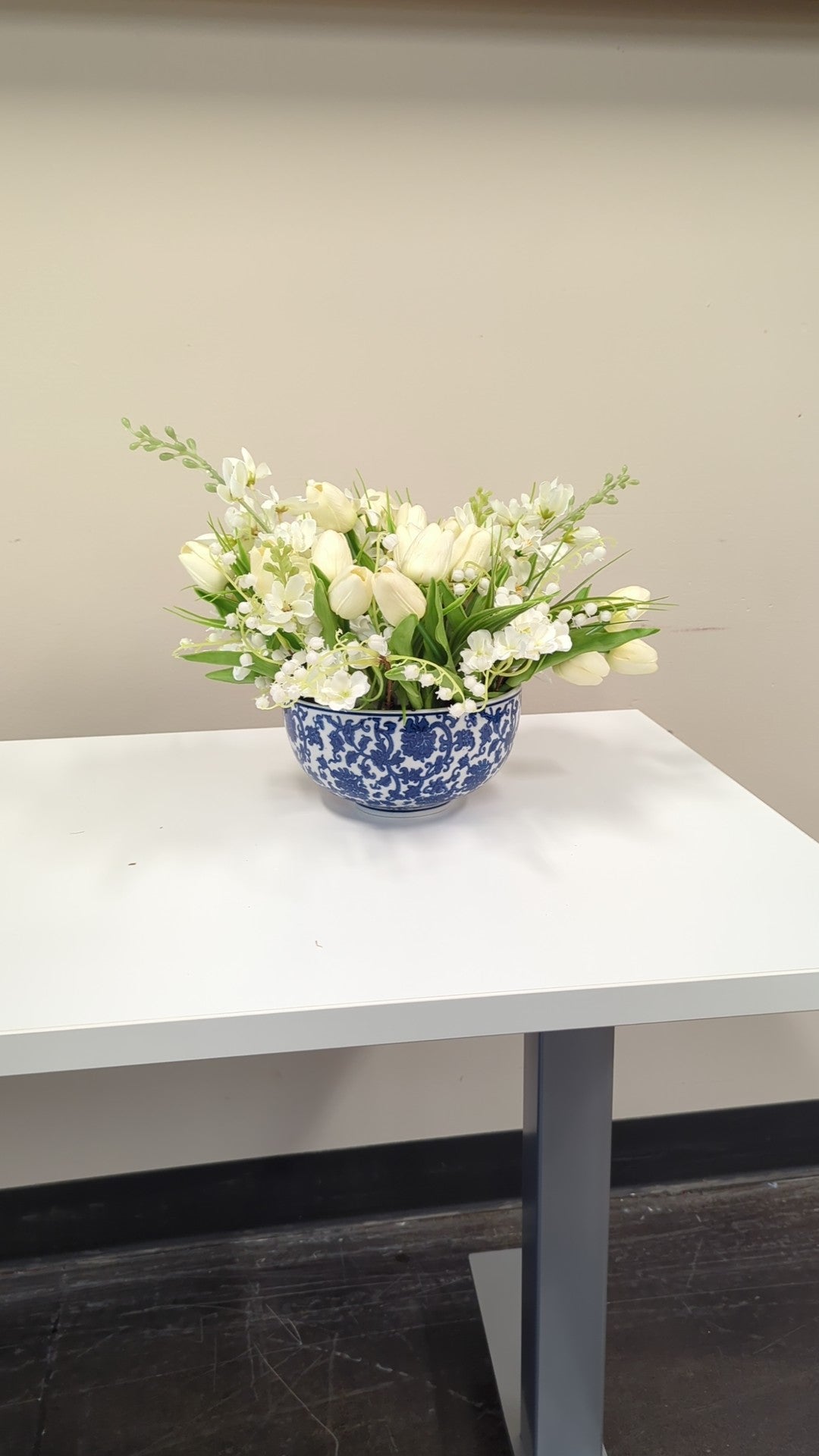 Chinoiserie Blue and White Ceramic Bowl with White Faux Floral Arrangement