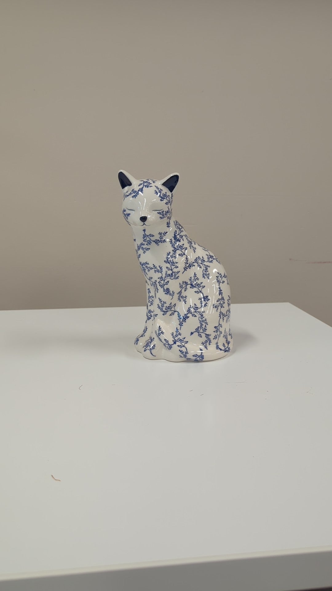 Charming Blue and White Floral Porcelain Cat Figurine
