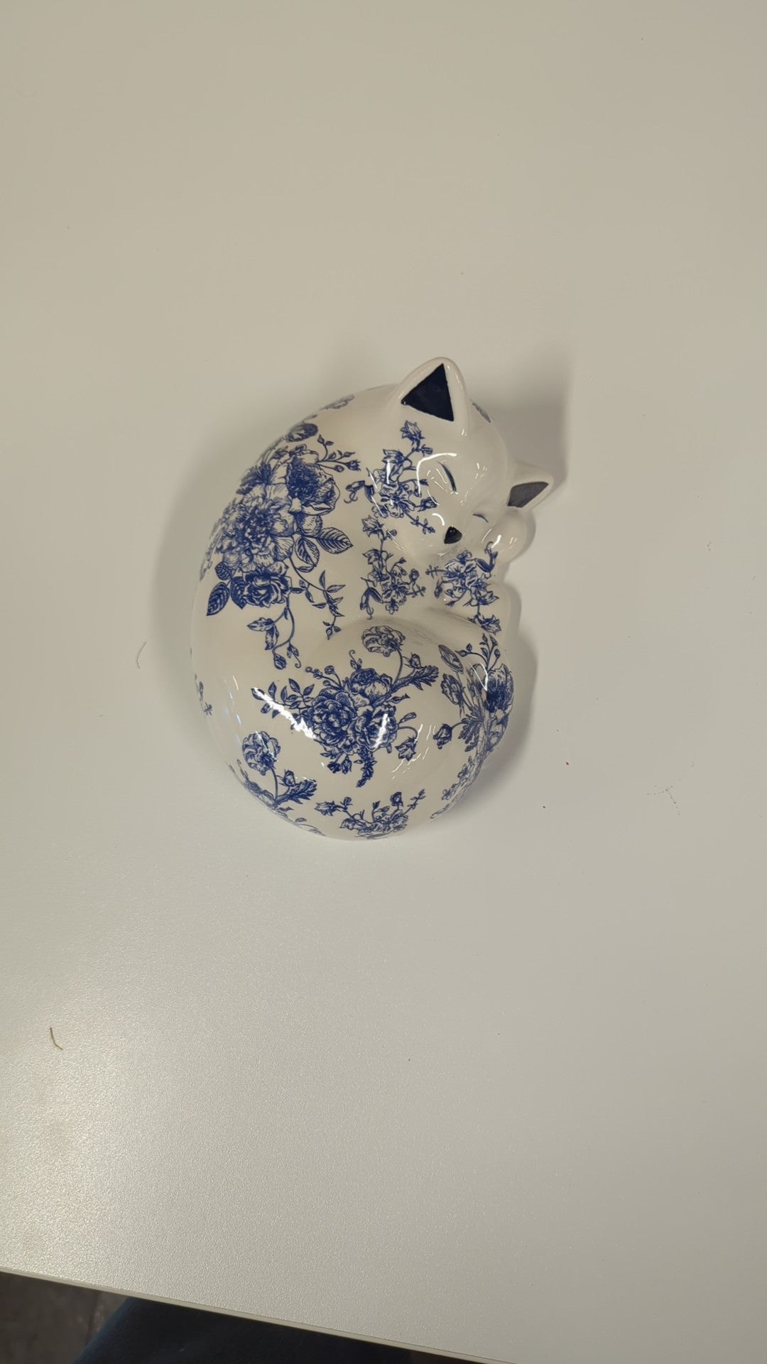 Charming Blue and White Floral Ceramic Sleeping Cat Figurine