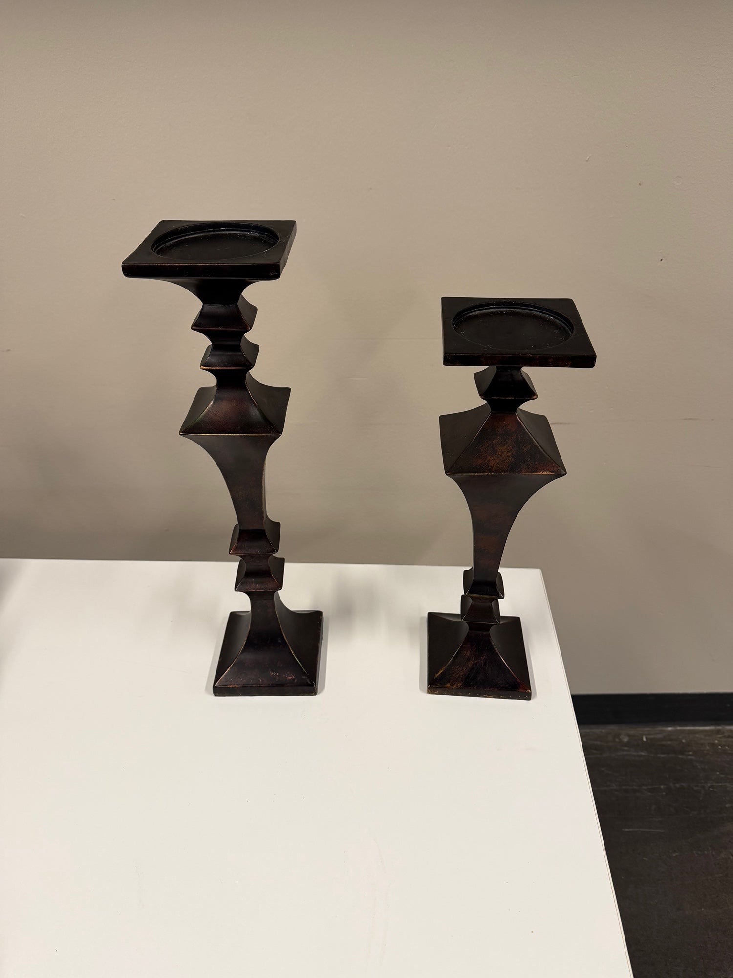 Pair of Distressed Bronze Geometric Pillar Candle Holder