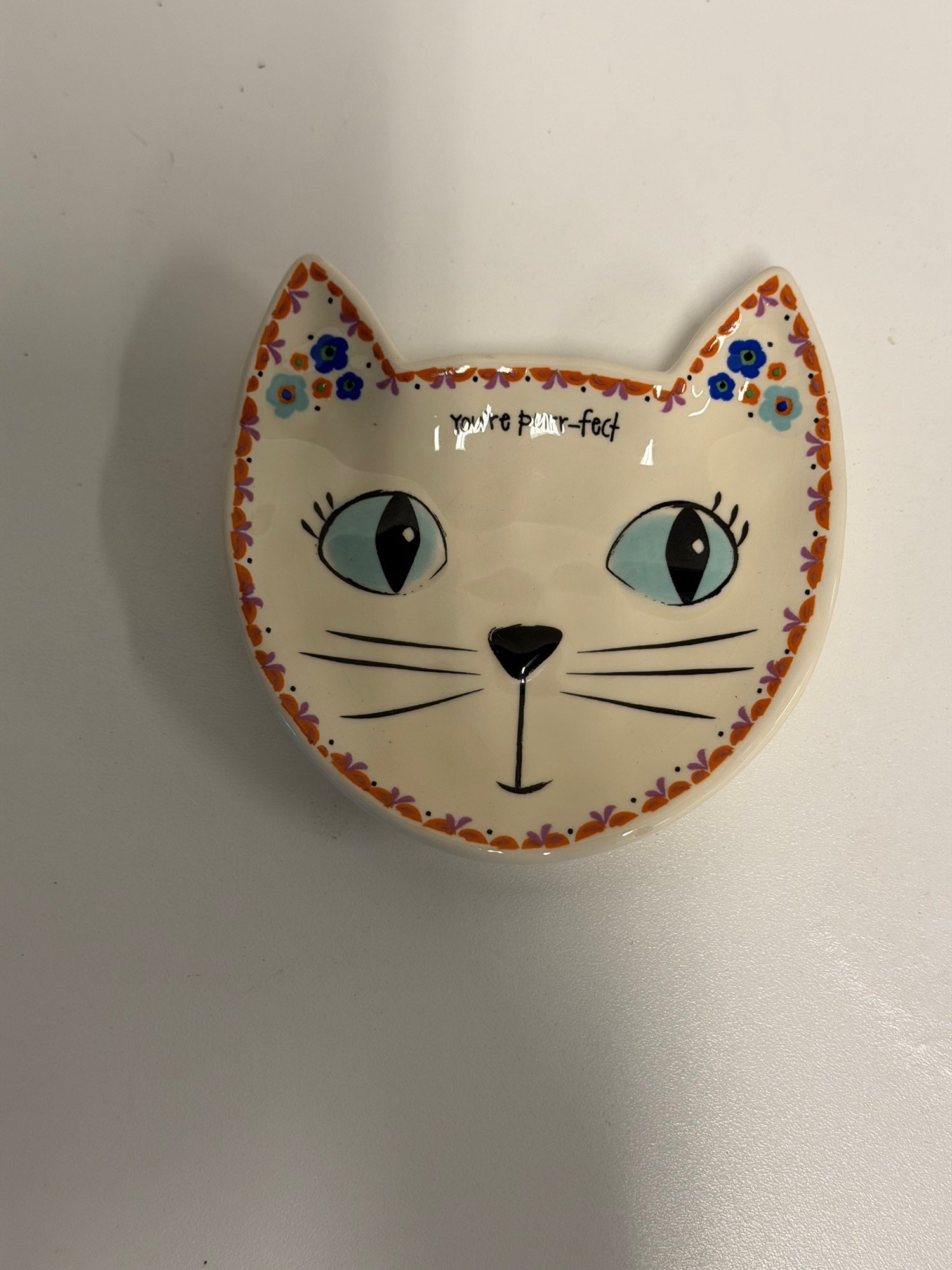 Natural Life Whimsical Cat Trinket Dish 'You're Purr-fect' Floral Trim