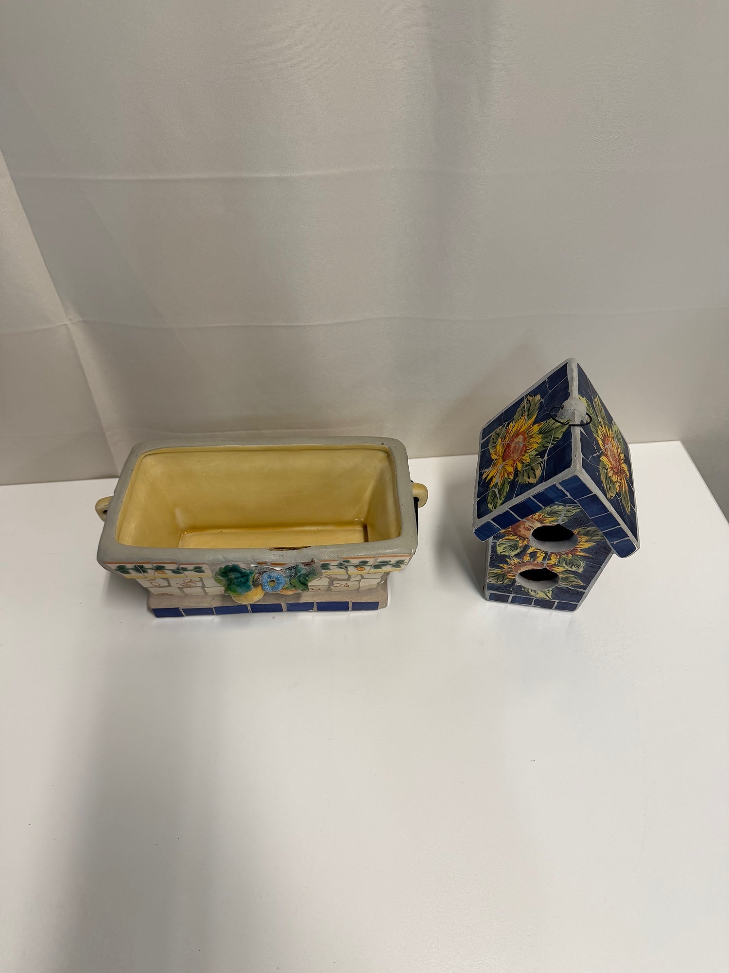 Set of Rustic Mosaic Tile Planter and Sunflower Birdhouse Decor