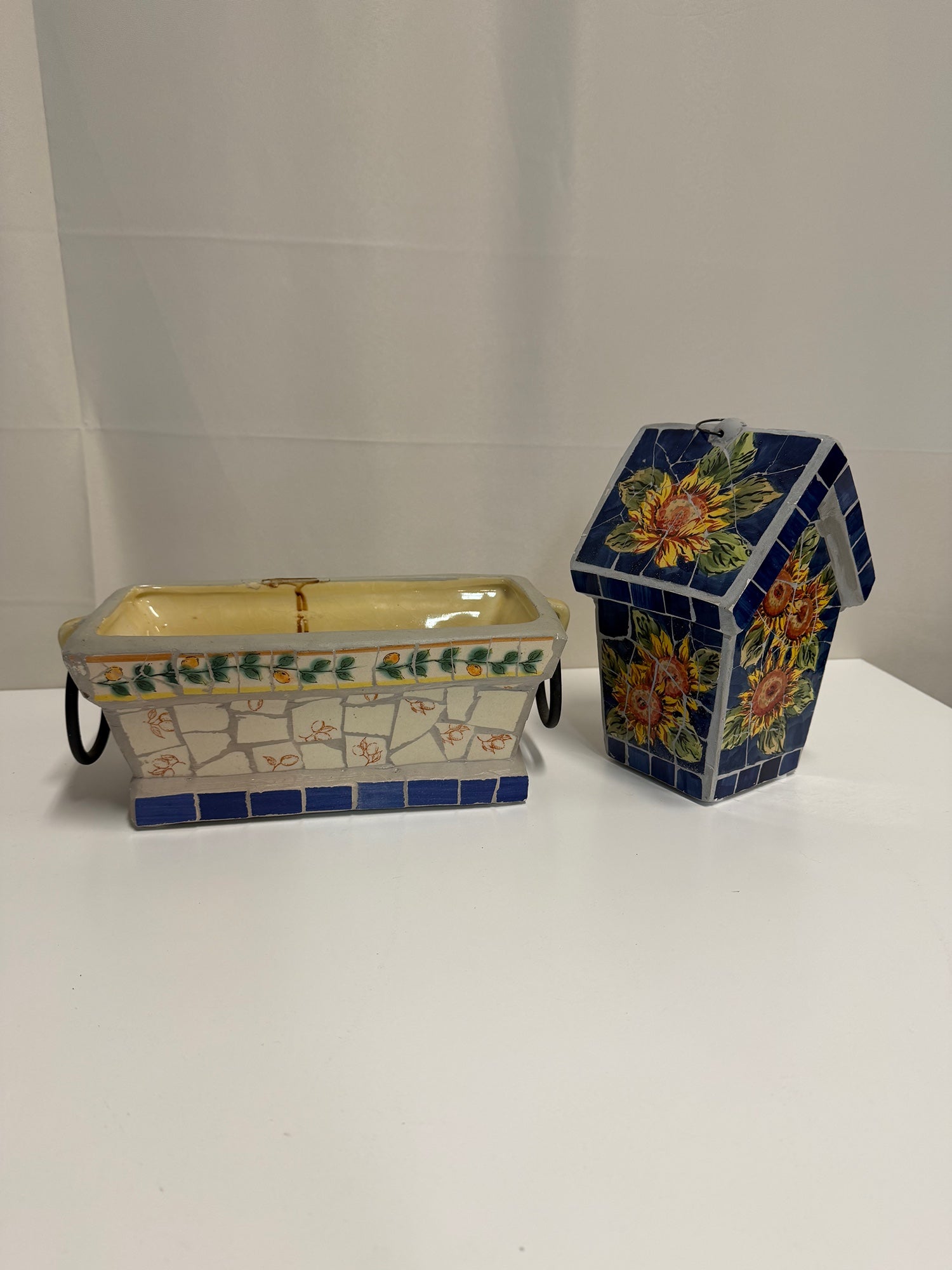 Set of Rustic Mosaic Tile Planter and Sunflower Birdhouse Decor