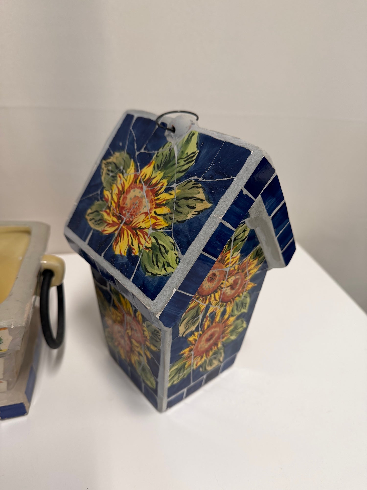 Set of Rustic Mosaic Tile Planter and Sunflower Birdhouse Decor