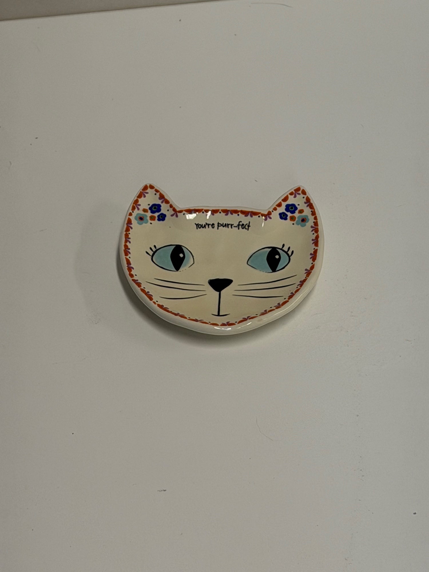 Natural Life Whimsical Cat Trinket Dish 'You're Purr-fect' Floral Trim