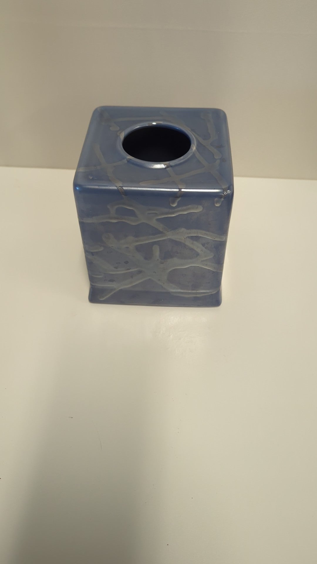Modern Blue Glazed Ceramic Tissue Holder with Abstract White Design