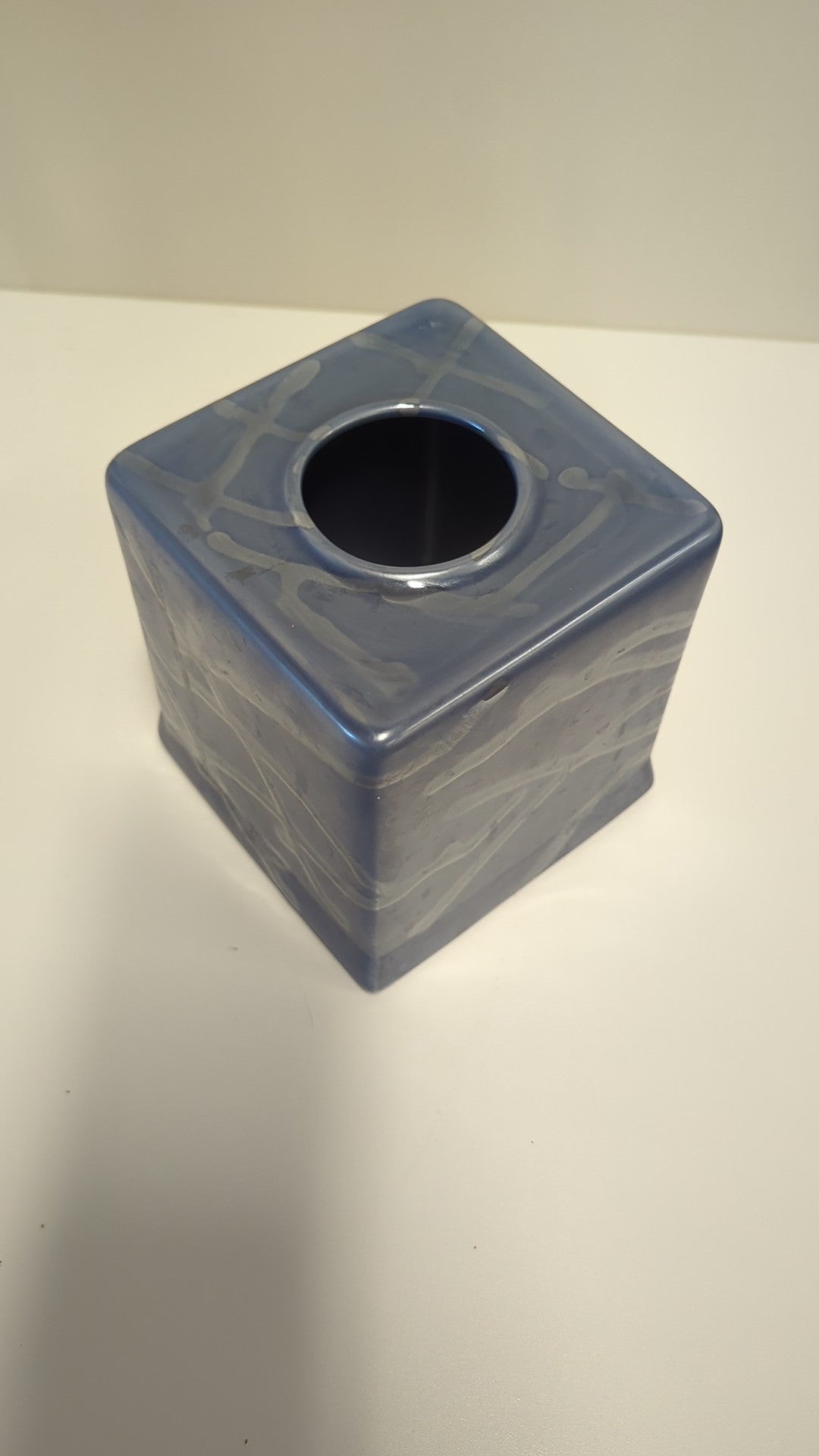 Modern Blue Glazed Ceramic Tissue Holder with Abstract White Design