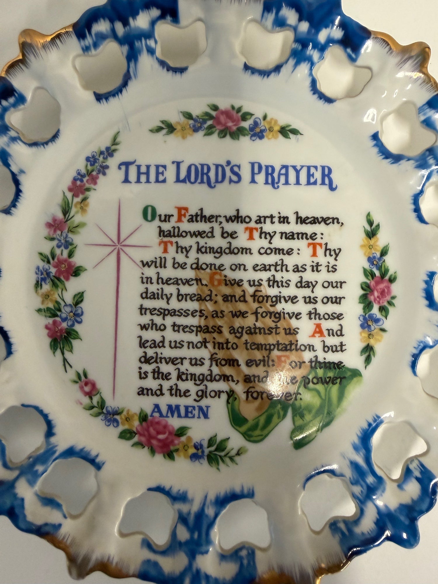 Decorative Lord's Prayer Ceramic Plate with Floral Design and Pierced Rim