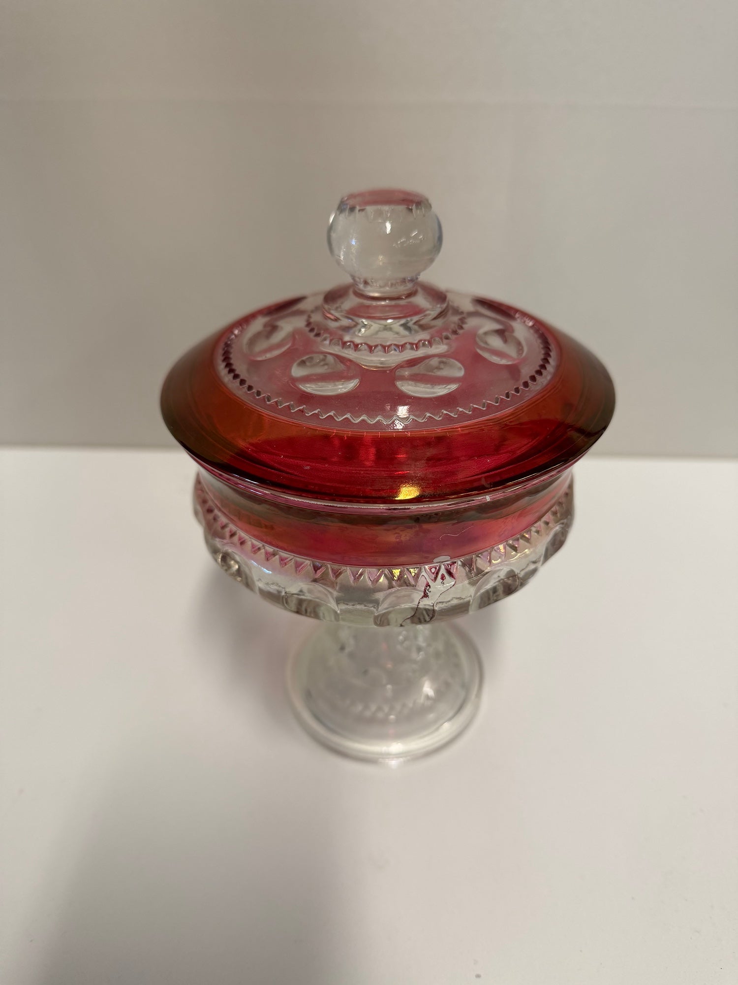Vintage Ruby Red Flashed Glass Footed Lidded Candy Compote Dish