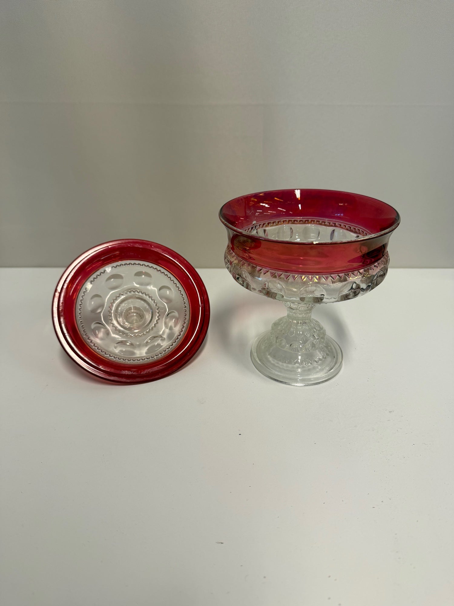 Vintage Ruby Red Flashed Glass Footed Lidded Candy Compote Dish