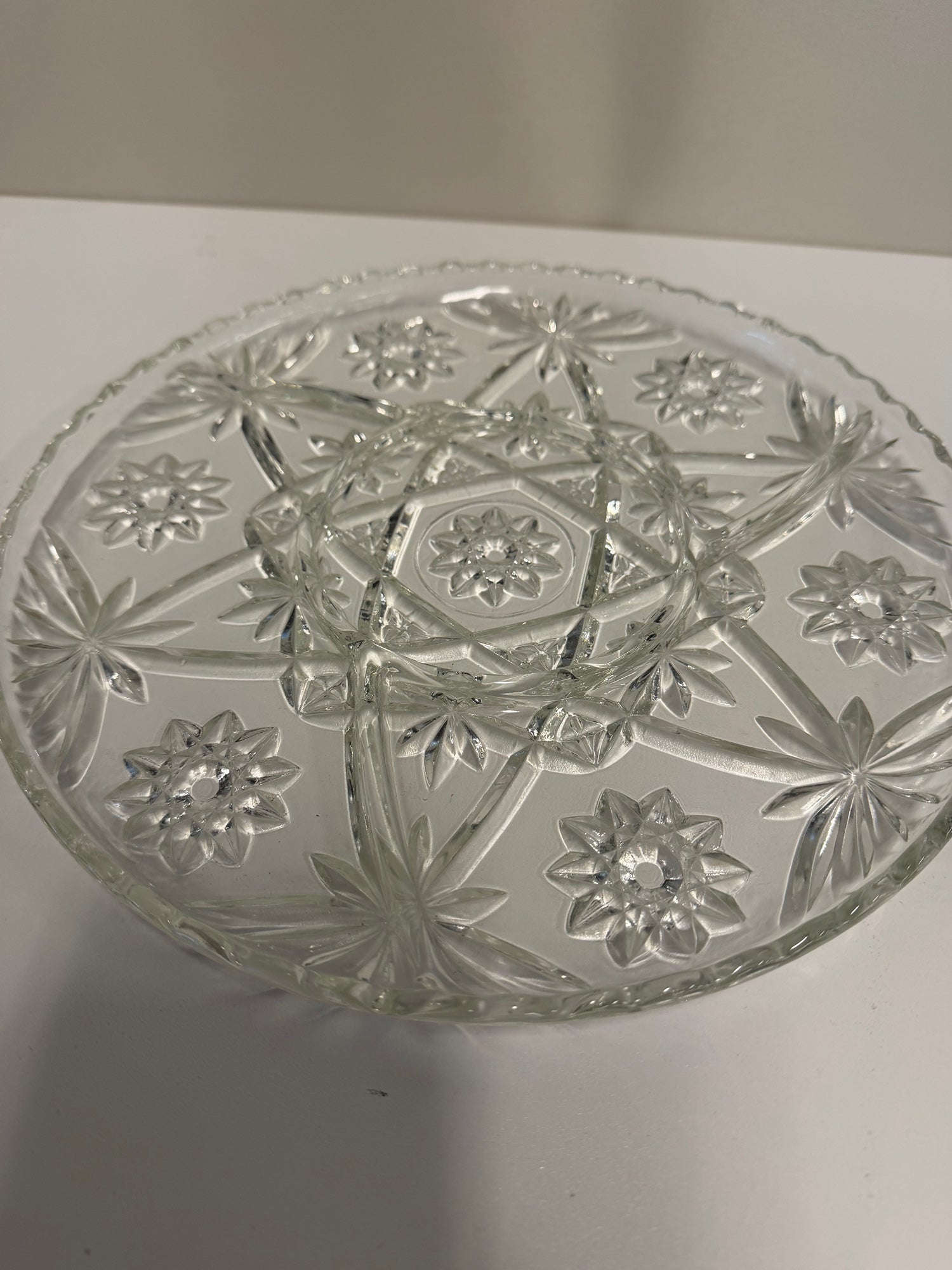 Vintage Clear Glass Divided Serving Platter with Starburst Pattern