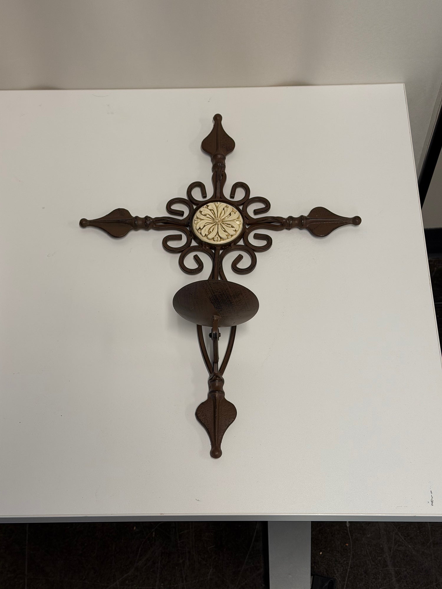 Ornate Metal Wall Cross Candle Holder Sconce
