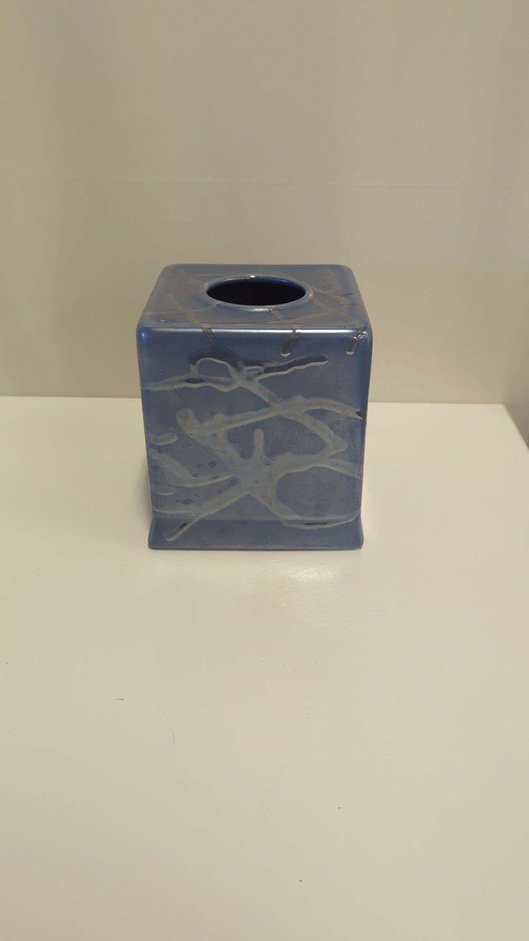 Modern Blue Glazed Ceramic Tissue Holder with Abstract White Design