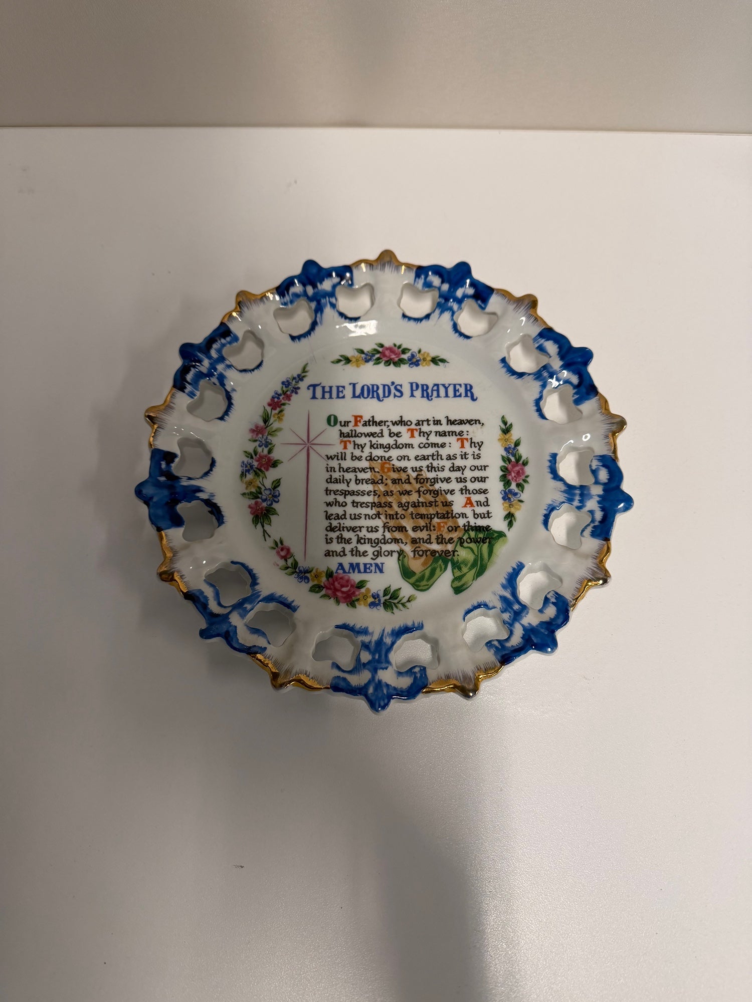 Decorative Lord's Prayer Ceramic Plate with Floral Design and Pierced Rim