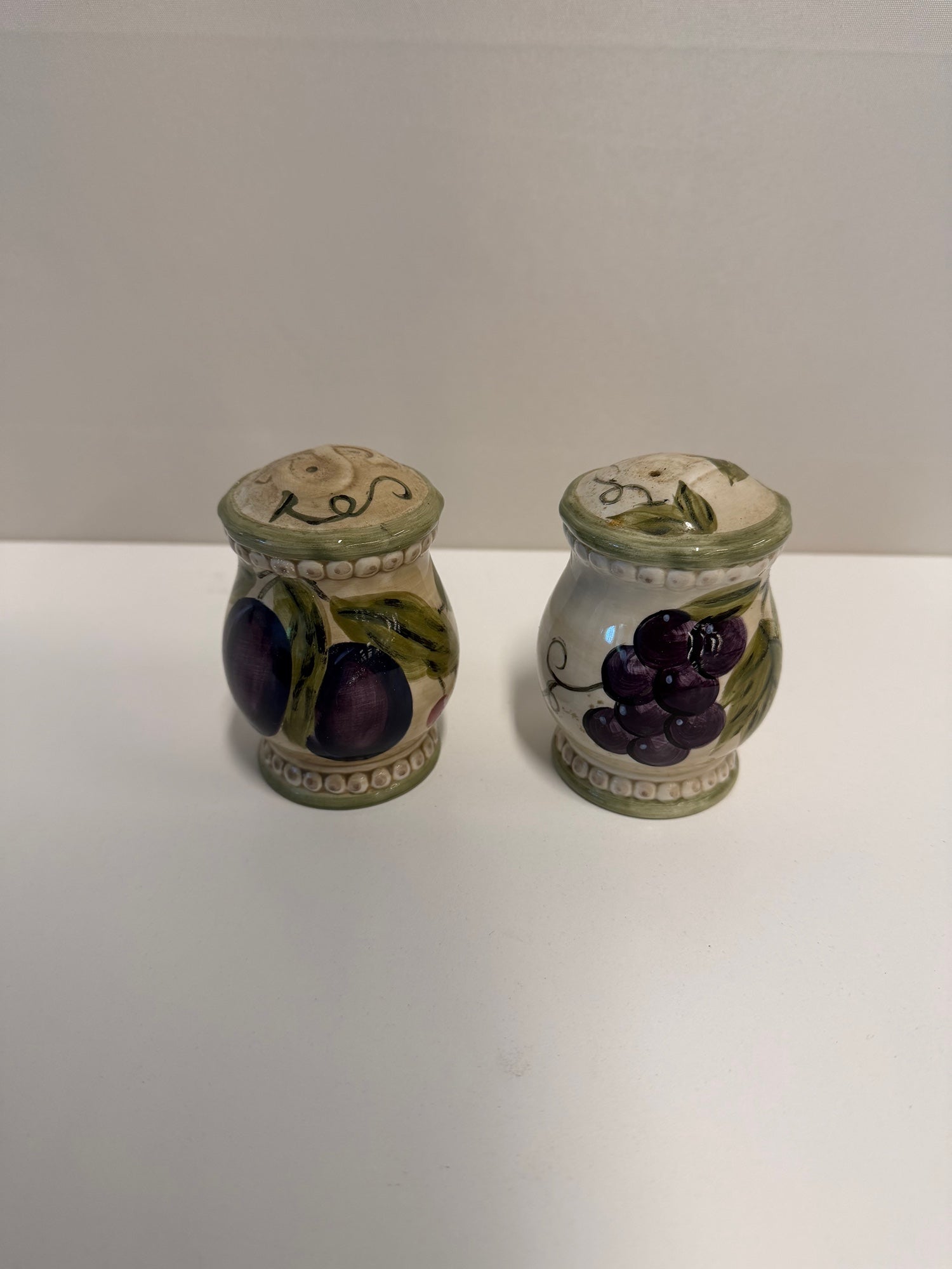 Pair of Hand-Painted Ceramic Fruit Motif Salt and Pepper Shaker