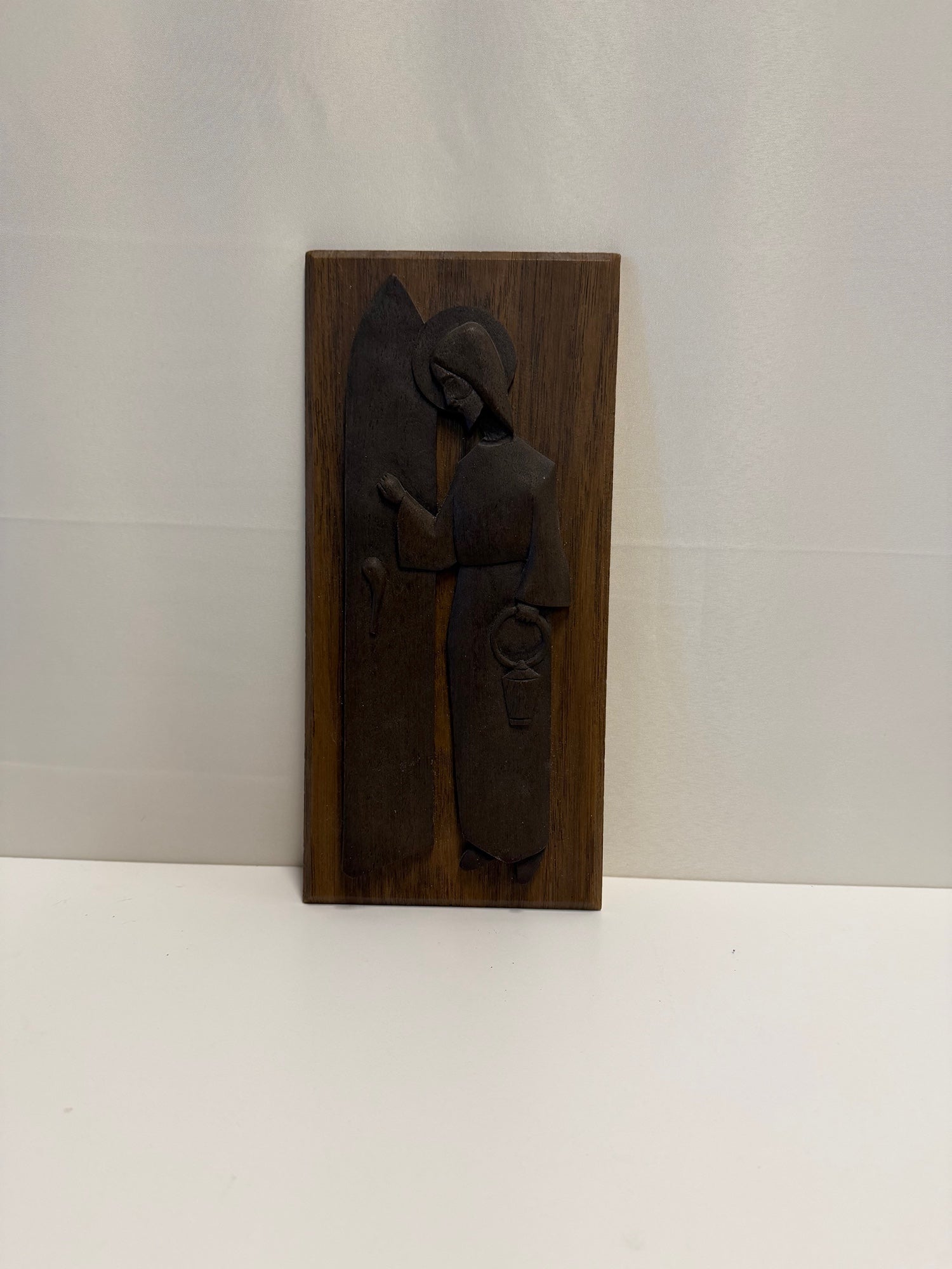 Vintage Dark Wood Relief Carving Religious Figure Wall Plaque