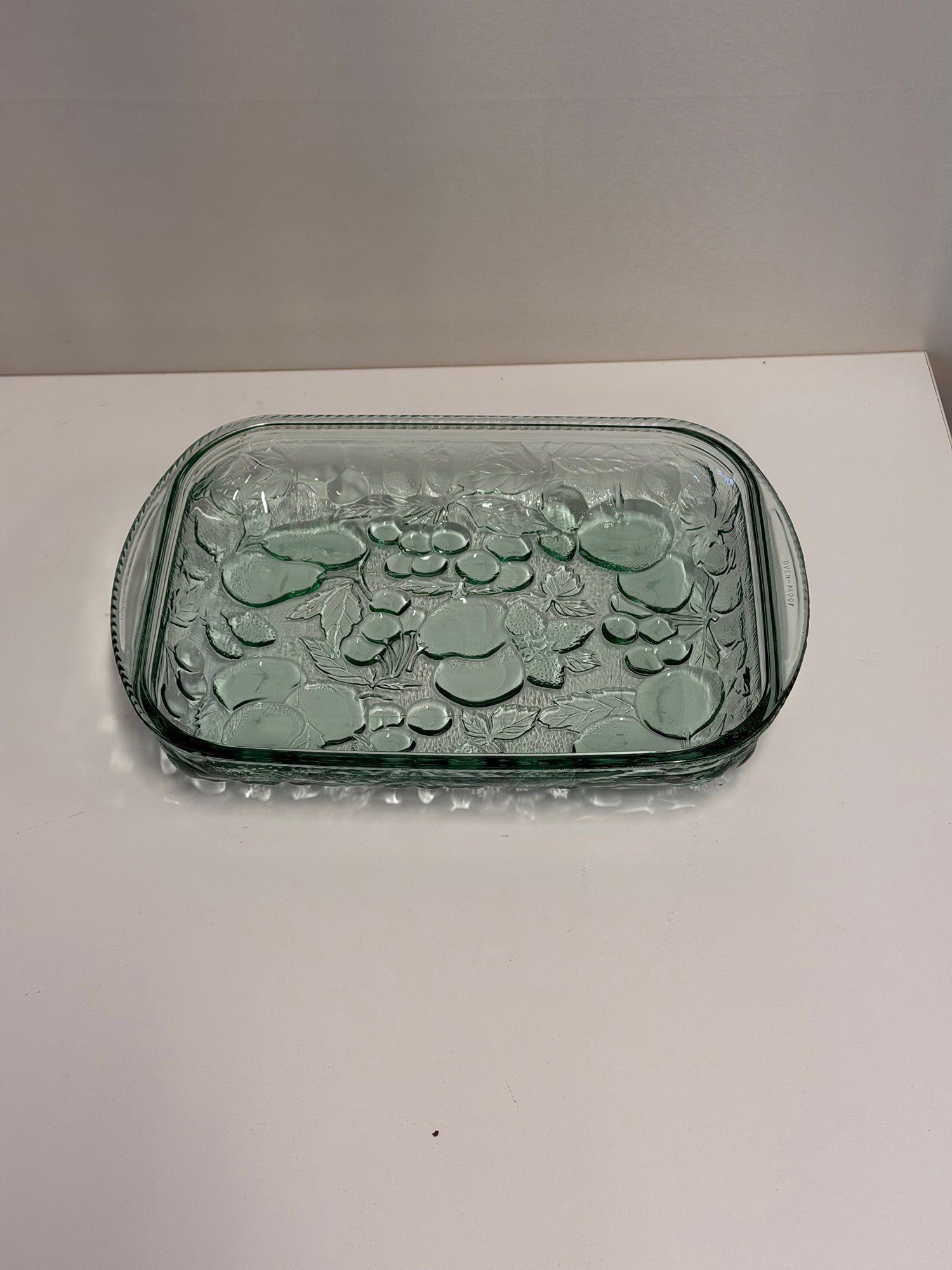 Vintage Aqua Glass Fruit Embossed Oven-Proof Baking Dish