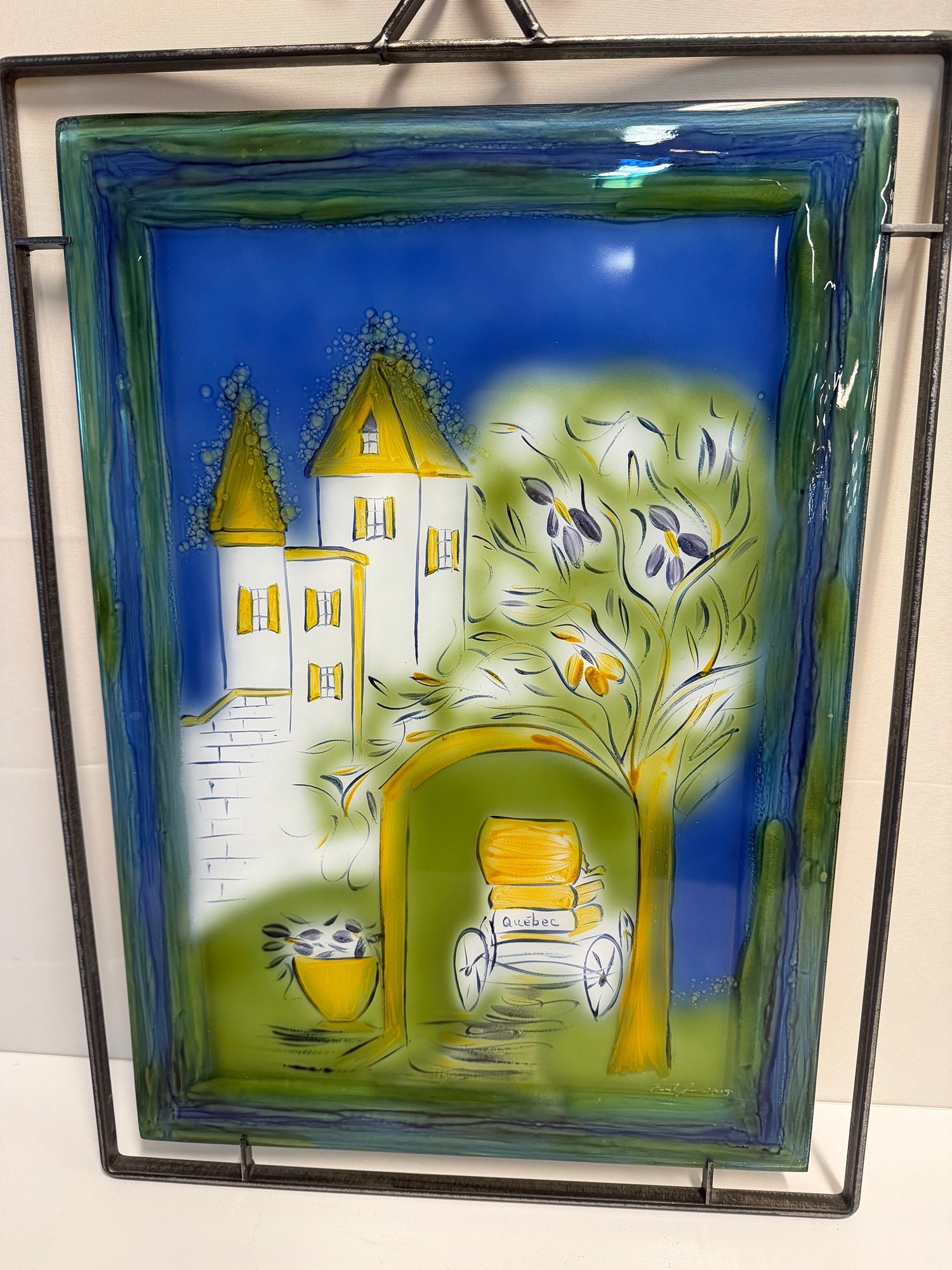 Decorative Glass Art Panel with Québec Castle and Cart Scene, Metal Scroll Frame