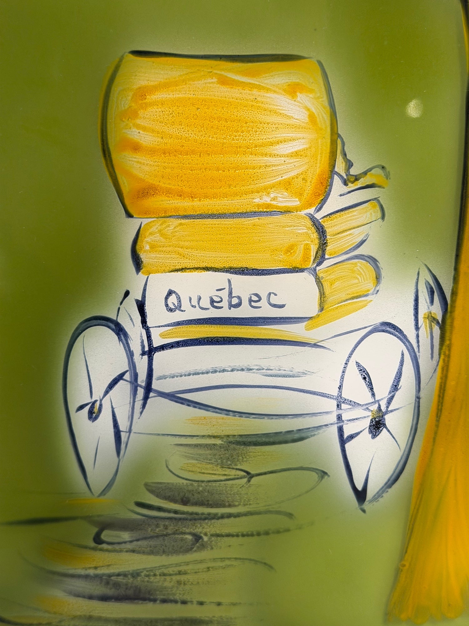 Decorative Glass Art Panel with Québec Castle and Cart Scene, Metal Scroll Frame