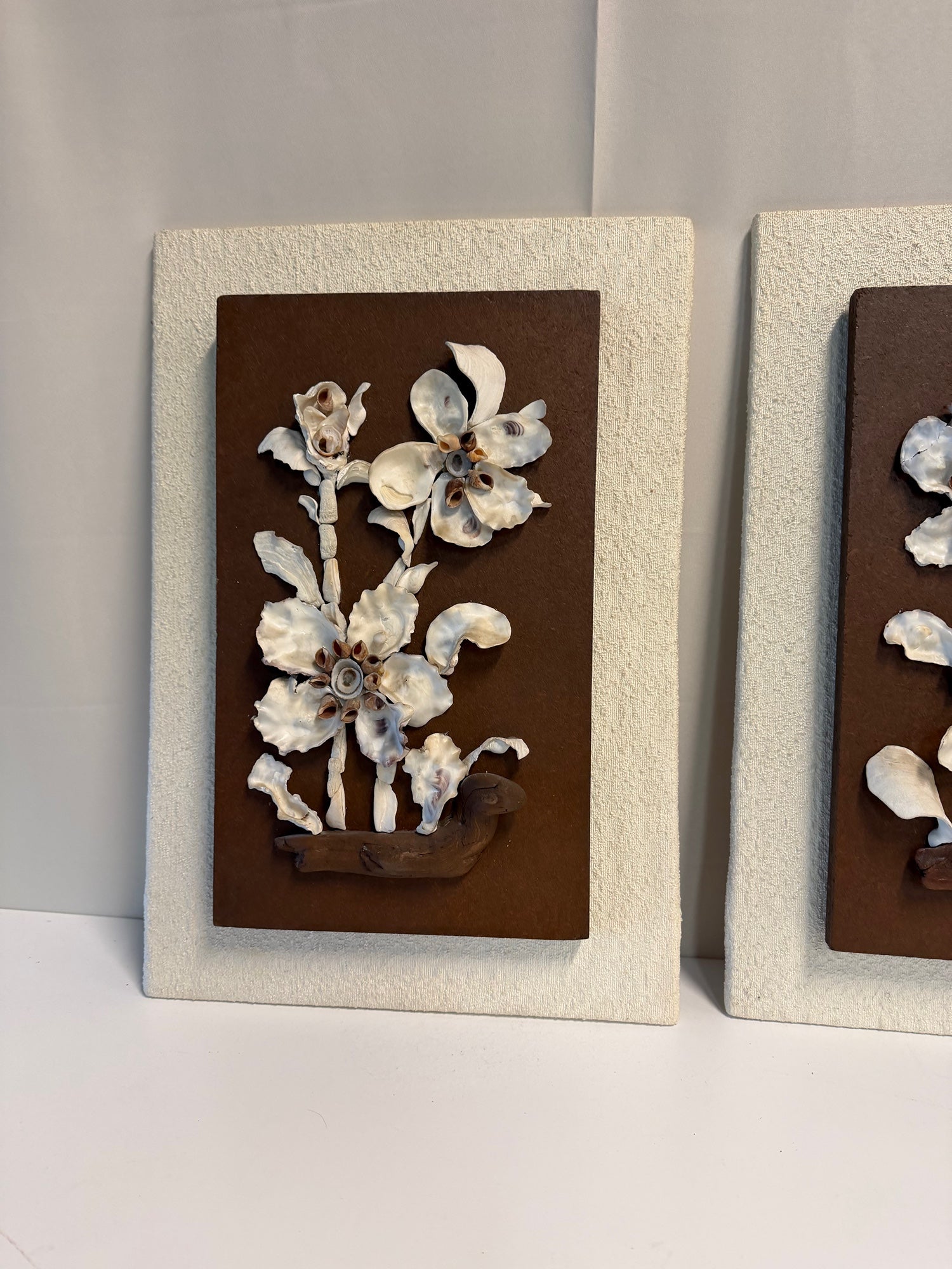 Pair of MCM Coastal Shell Floral Relief Wall Art