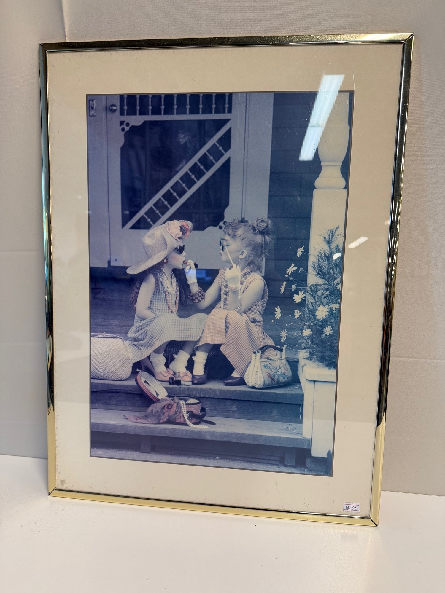Vintage Style Girls Portrait Gold Tone Framed Art Print