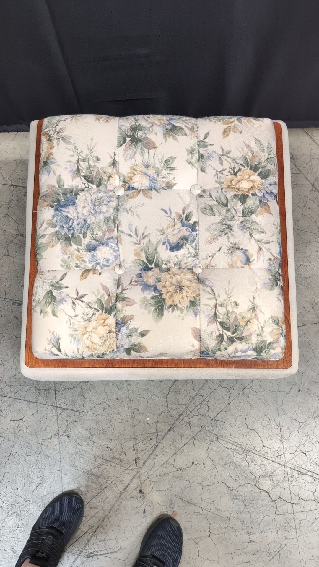 Cream Upholstered Storage Ottoman with Floral Cushion