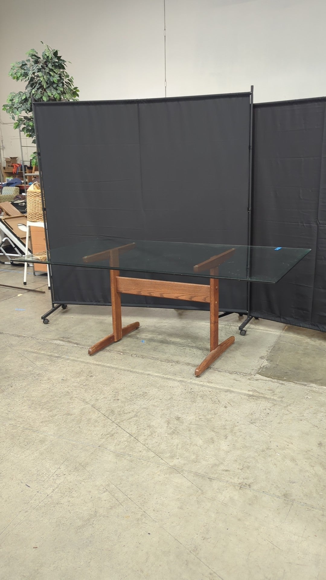 Rectangular Glass Top Dining Table with Wood Base