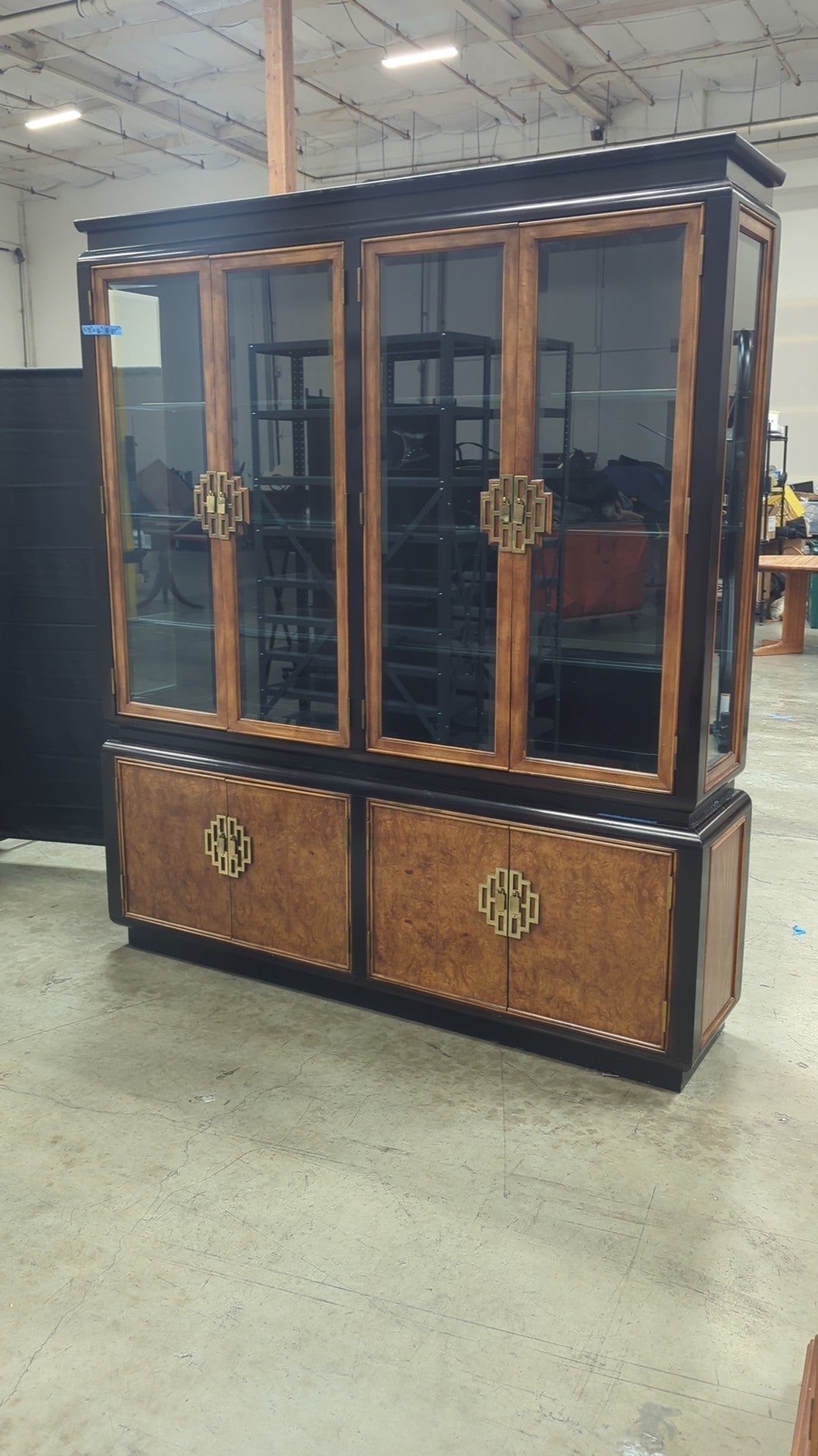 Dark Wood Burl Chinoiserie China Cabinet with Ornate Hardware