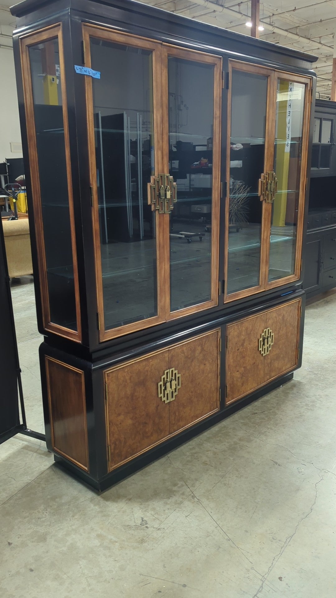 Dark Wood Burl Chinoiserie China Cabinet with Ornate Hardware