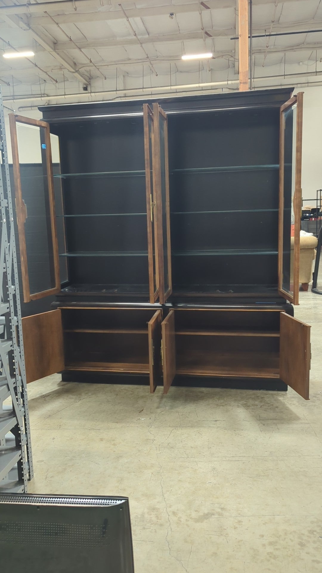 Dark Wood Burl Chinoiserie China Cabinet with Ornate Hardware