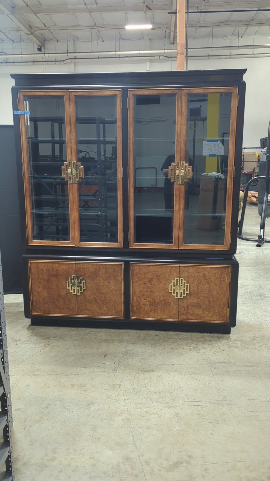 Dark Wood Burl Chinoiserie China Cabinet with Ornate Hardware