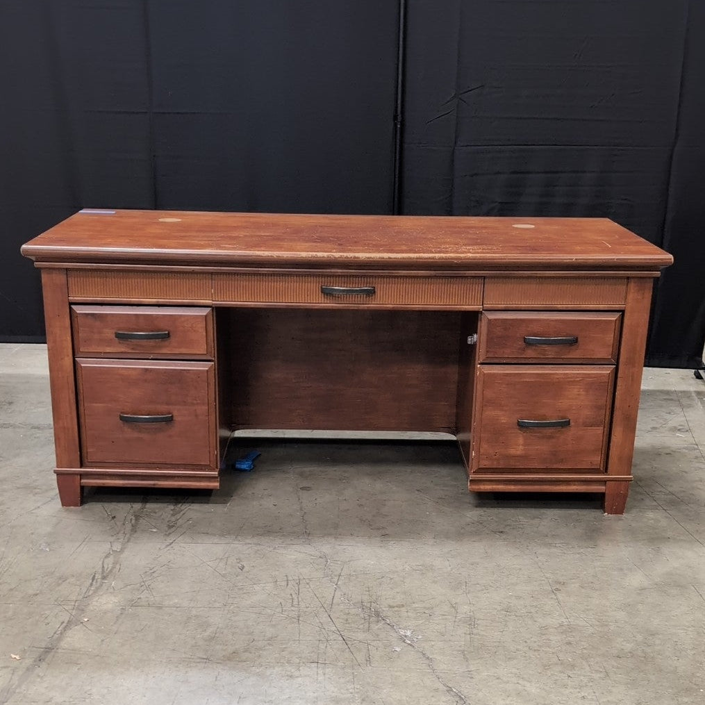 Traditional Brown Wood Five-Drawer Desk with Fluted Paneling