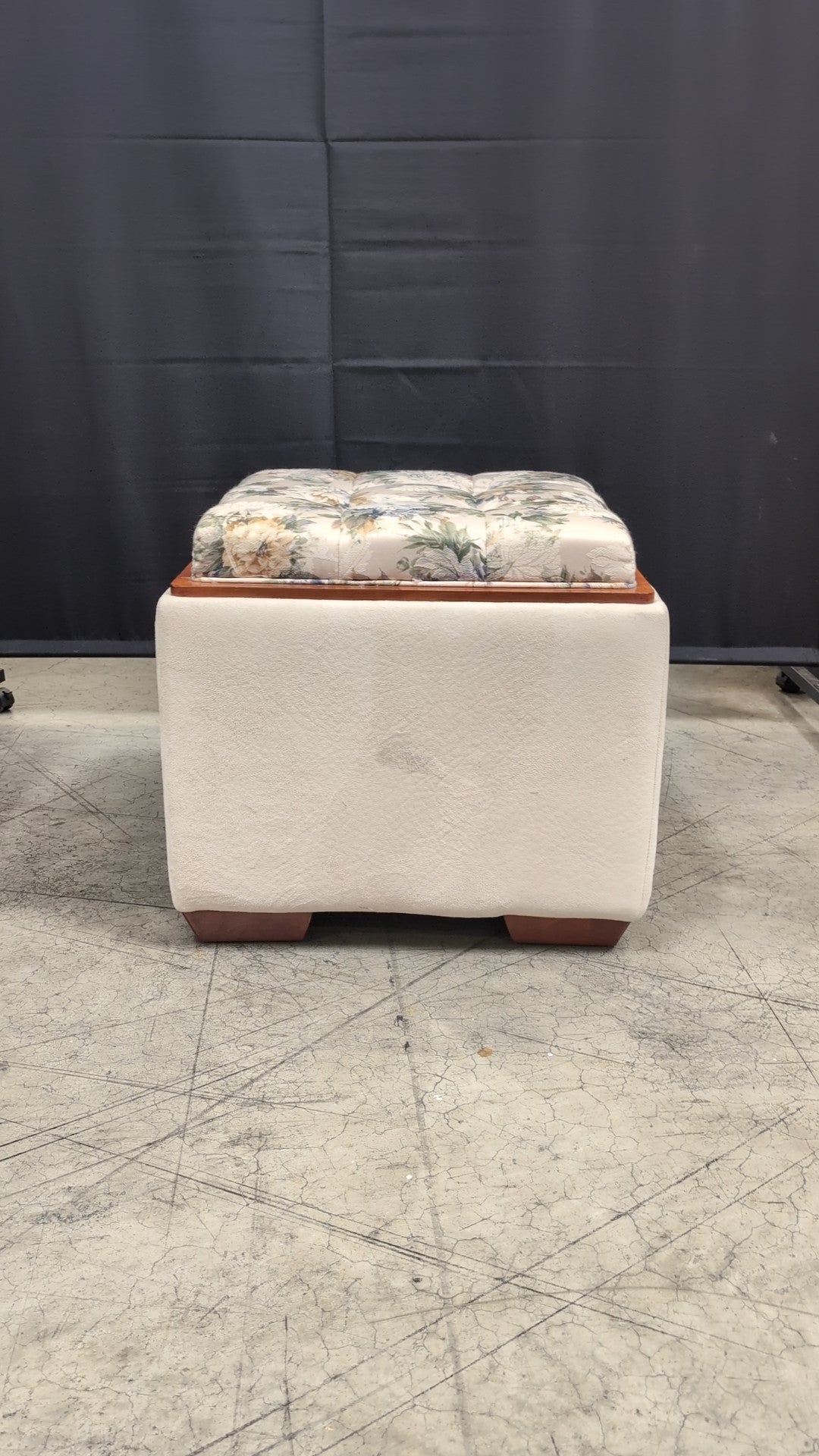 Cream Upholstered Storage Ottoman with Floral Cushion