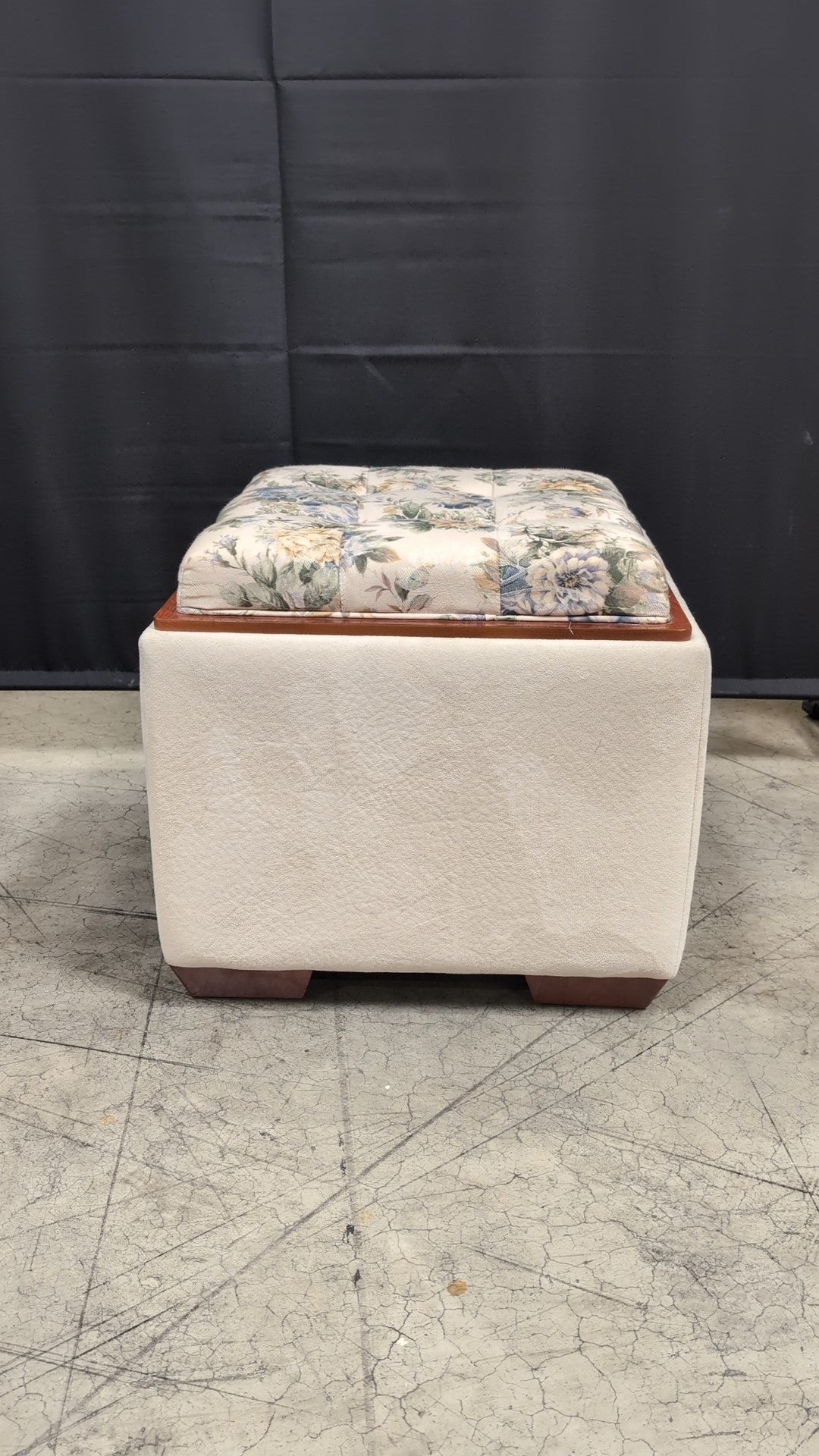 Cream Upholstered Storage Ottoman with Floral Cushion