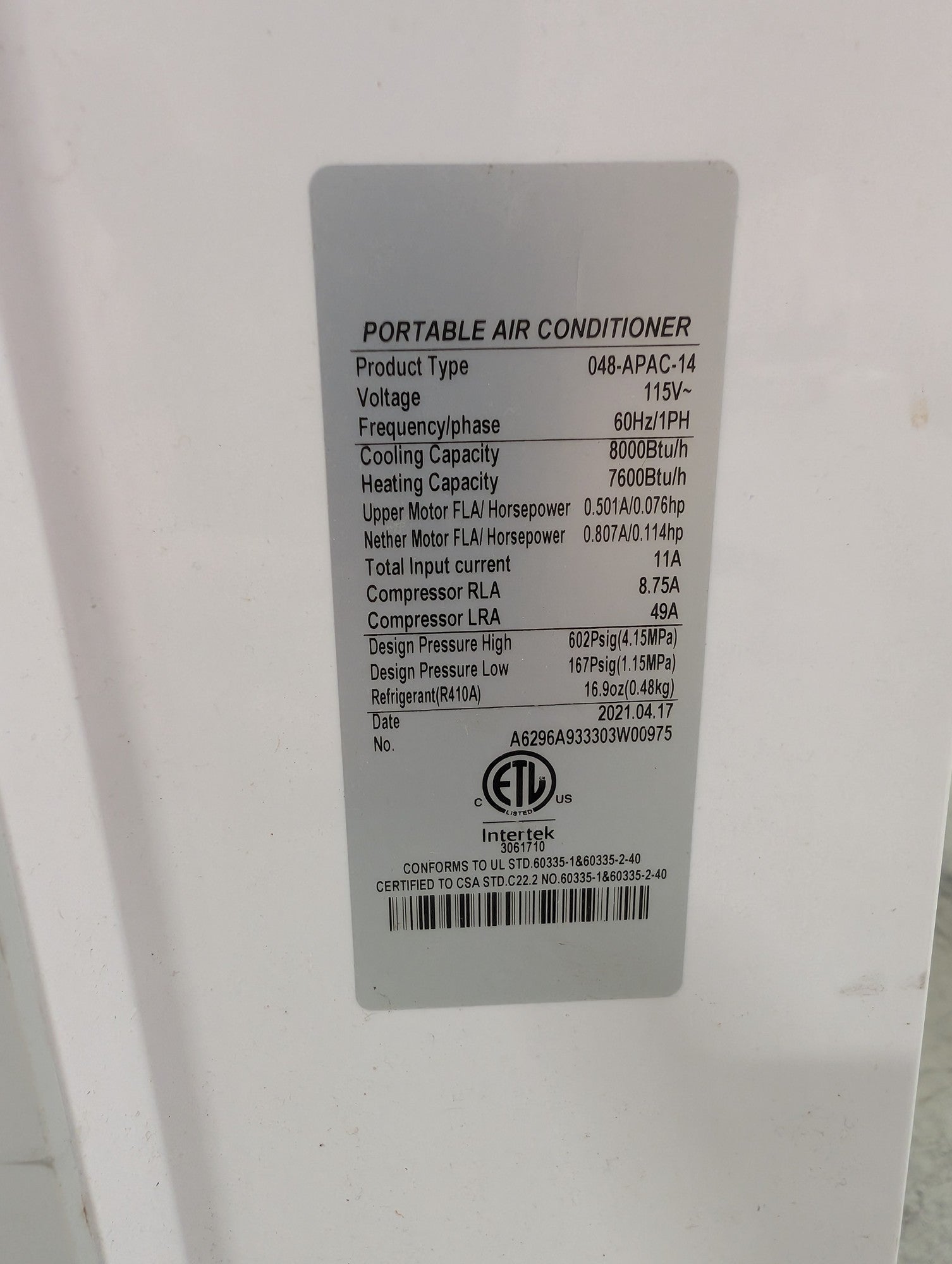 DELLA White Portable Air Conditioner with 8000 BTU Cooling