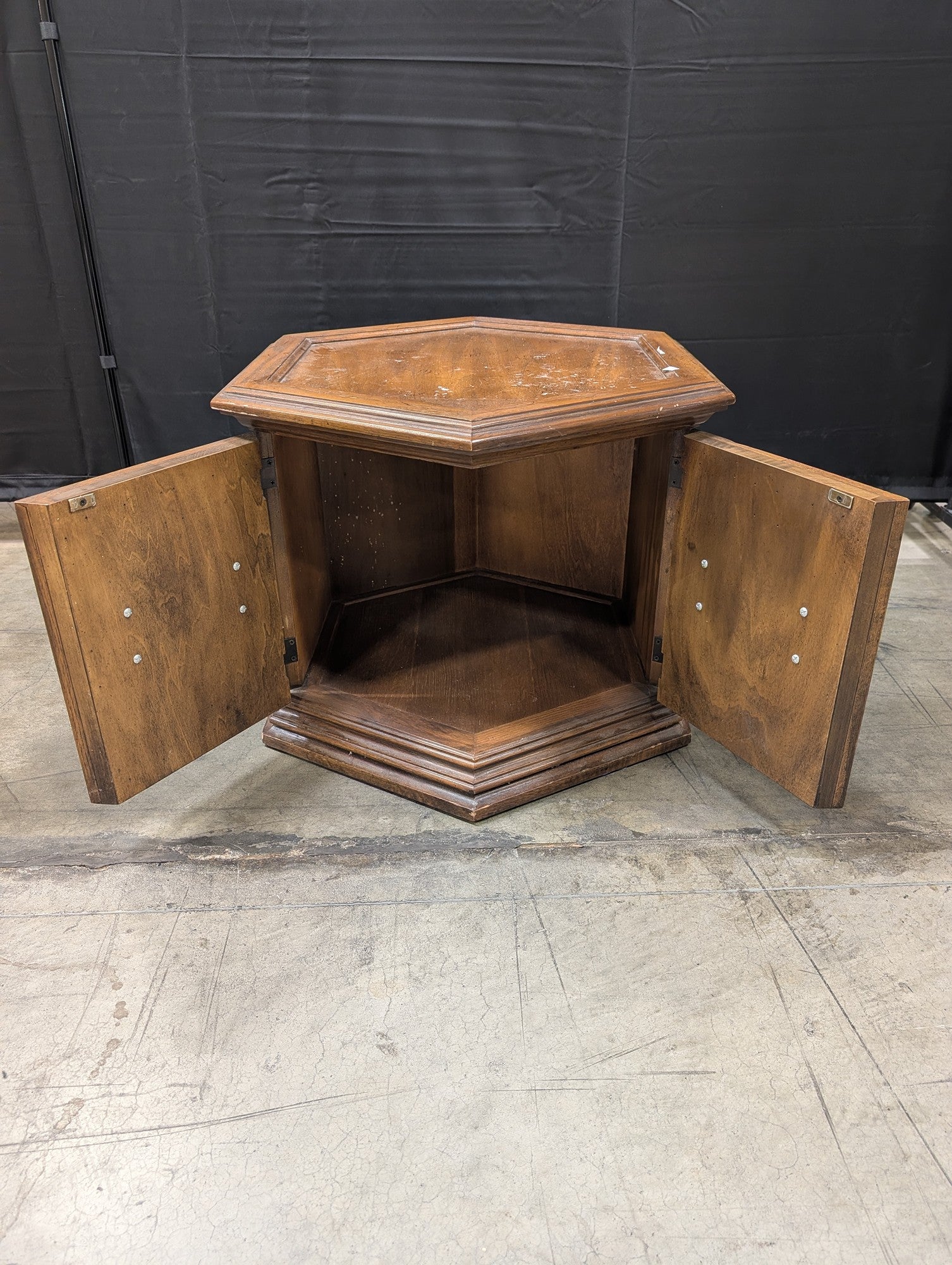 Hexagonal Wood End Table with Cabinet Doors