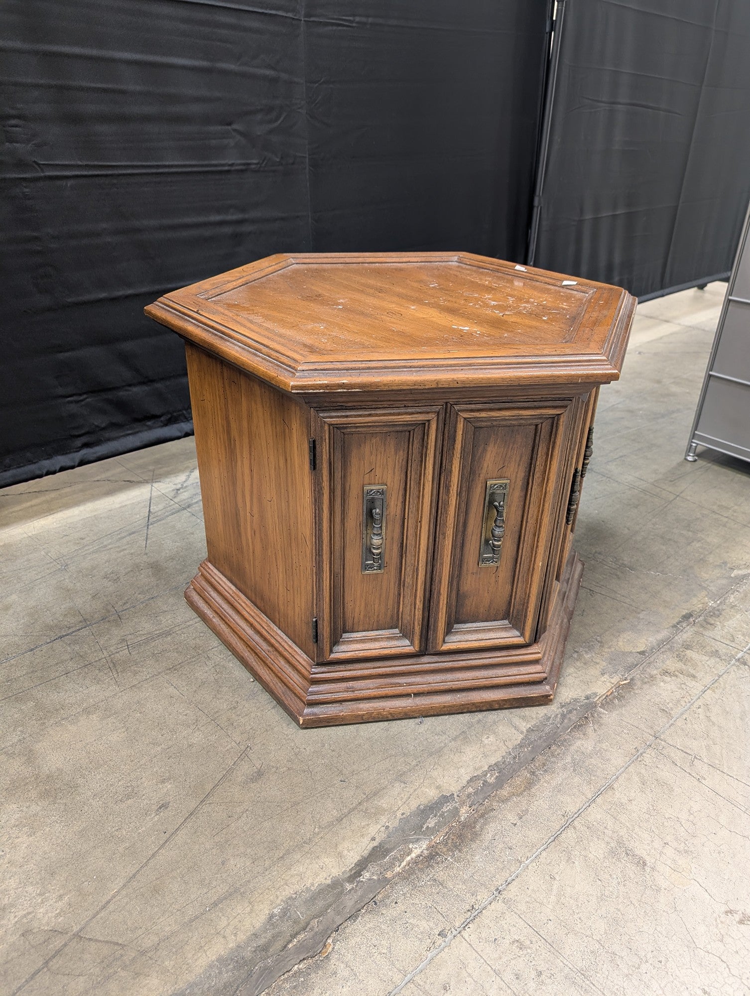 Hexagonal Wood End Table with Cabinet Doors