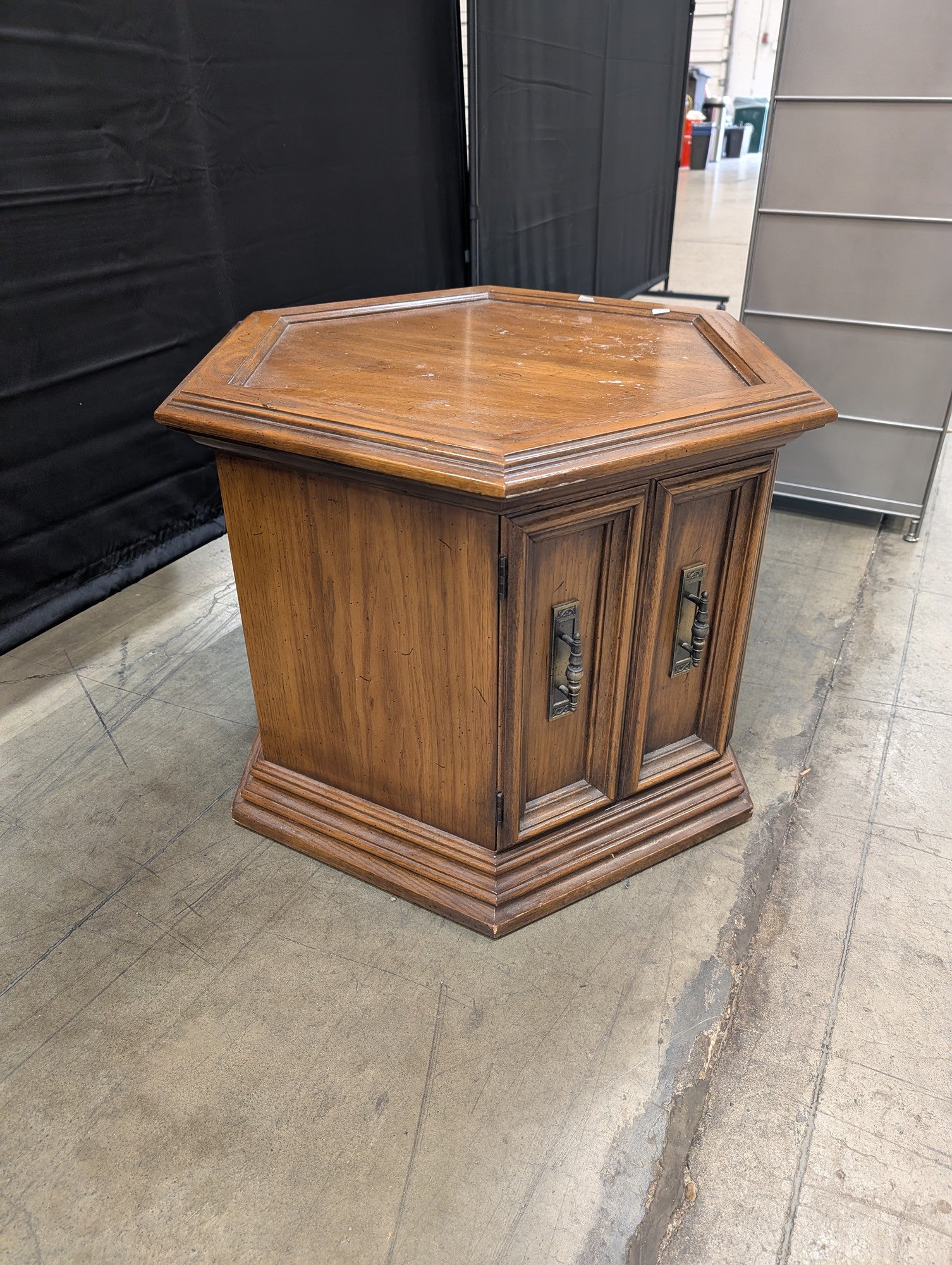 Hexagonal Wood End Table with Cabinet Doors