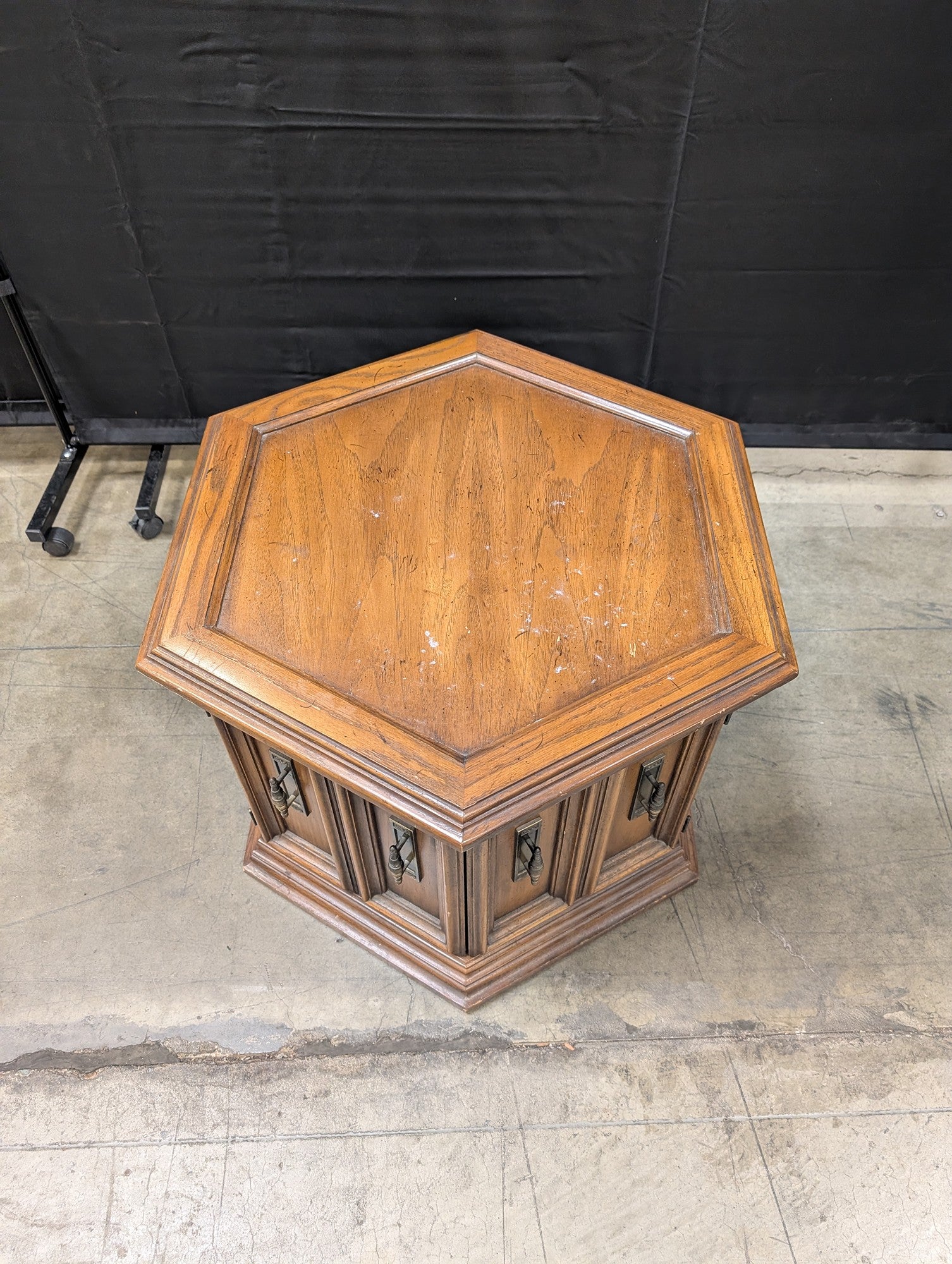Hexagonal Wood End Table with Cabinet Doors