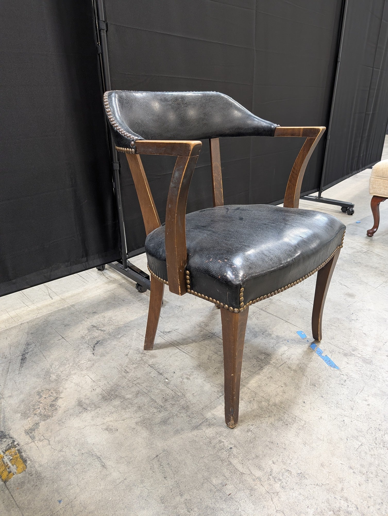 Dark Wood Frame Black Upholstered Armchair with Nailhead Trim