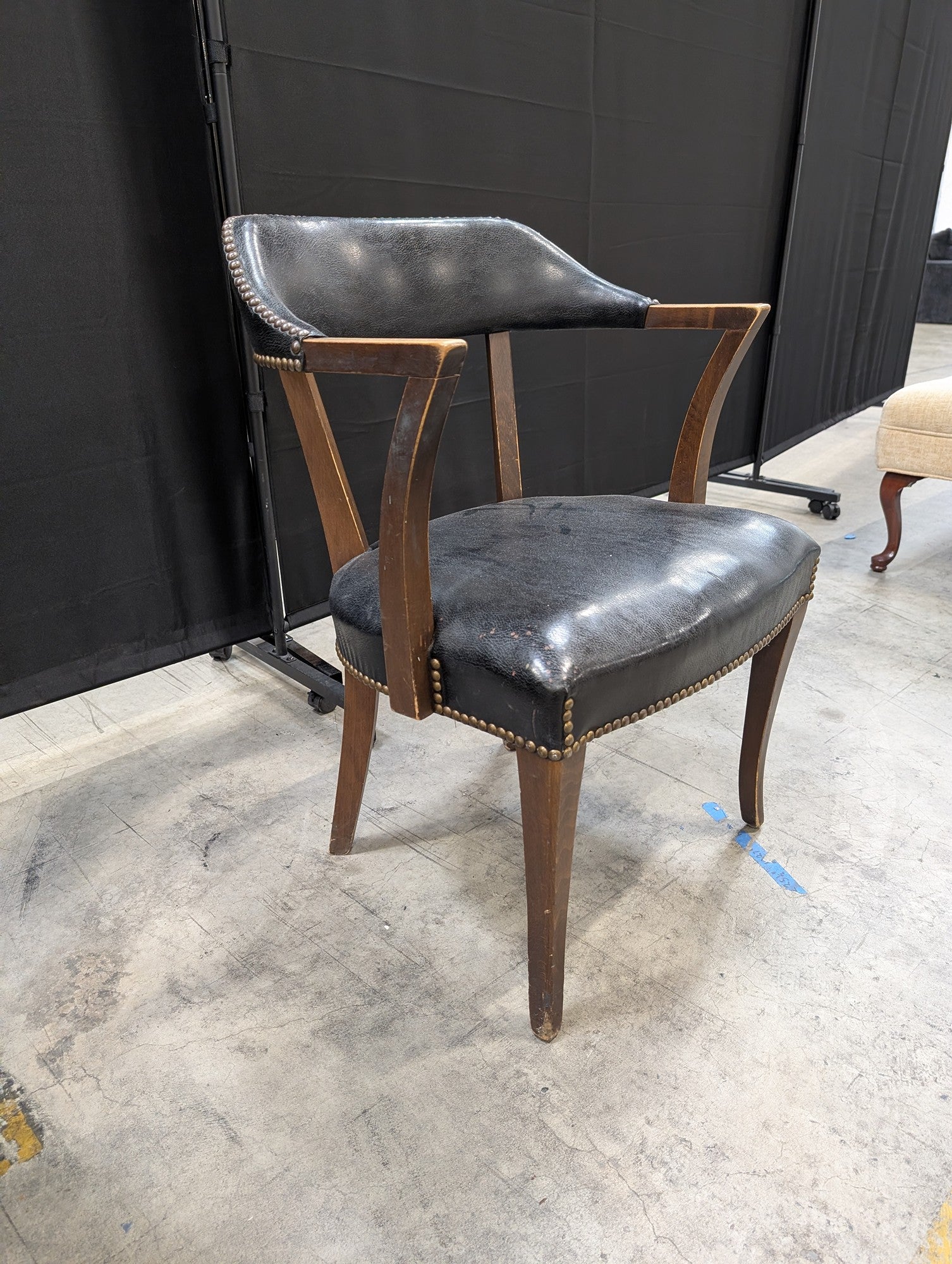 Dark Wood Frame Black Upholstered Armchair with Nailhead Trim