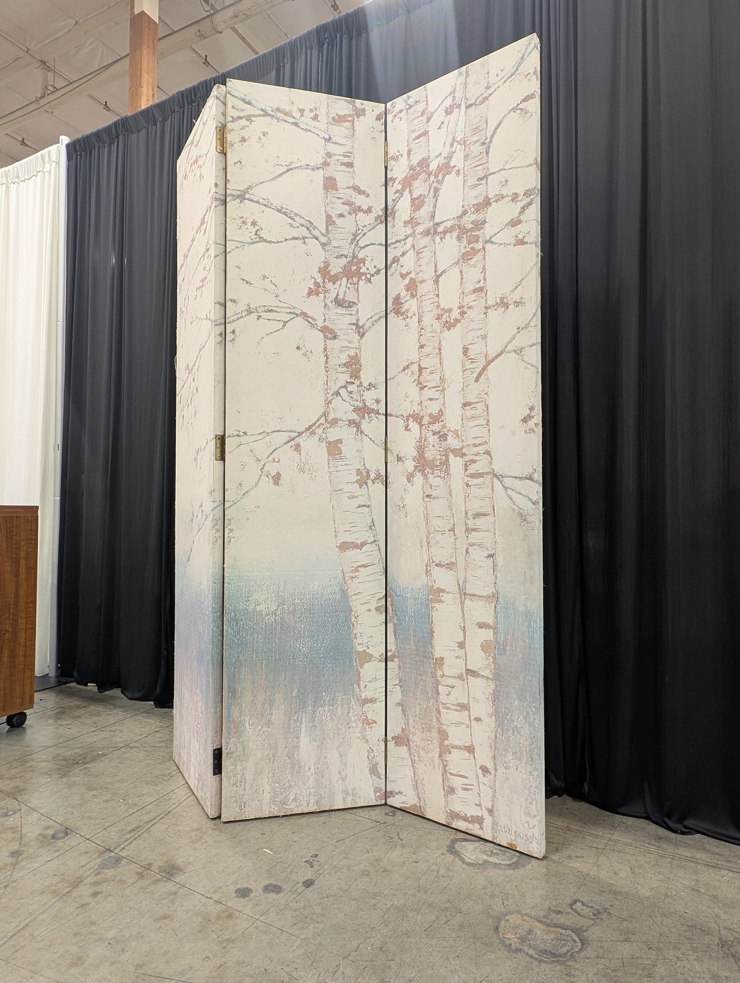 Three-Panel Birch Tree Room Divider with Painted Motif