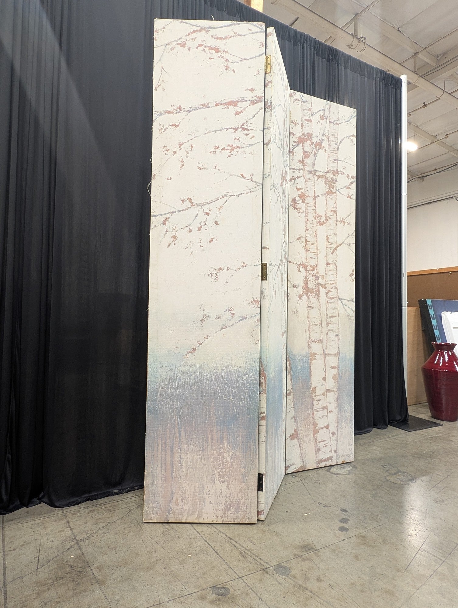 Three-Panel Birch Tree Room Divider with Painted Motif