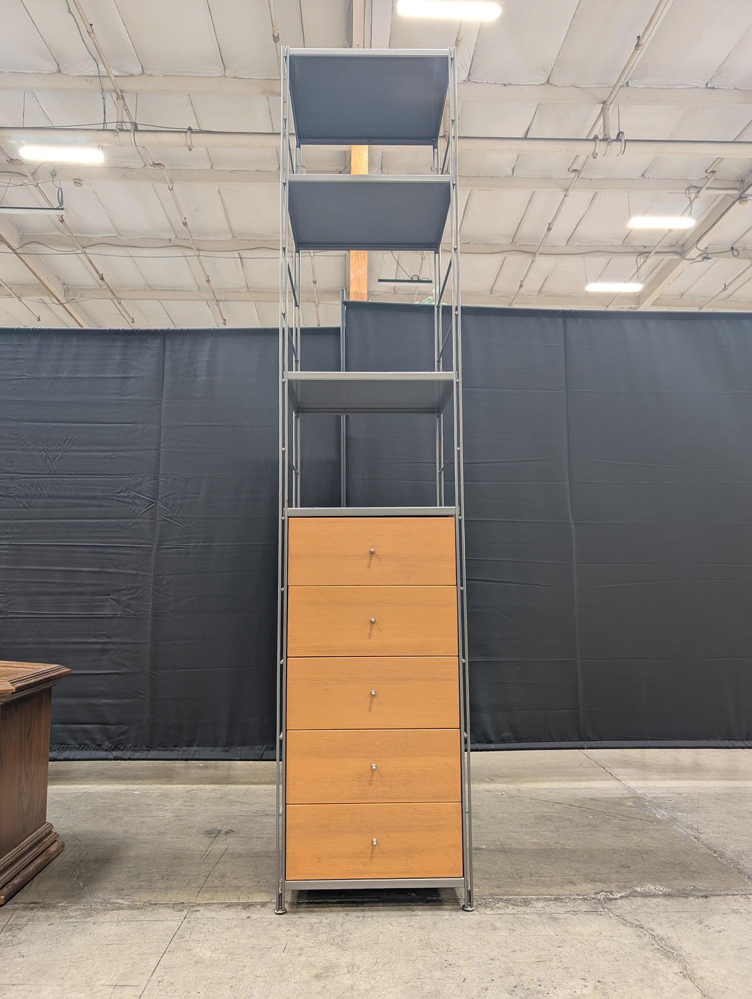 Tall Metal and Wood-Tone Five-Drawer Storage Unit
