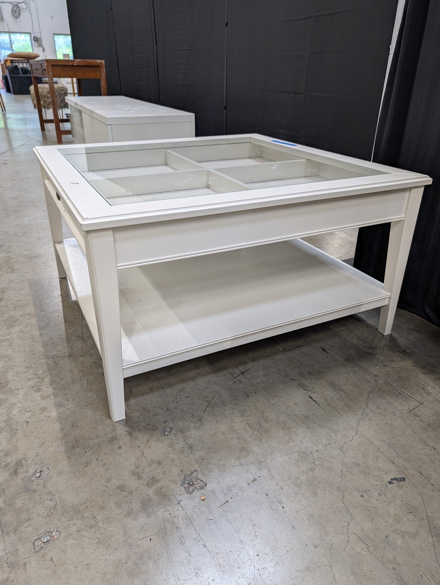 White Wood Square Coffee Table with Glass Display Top