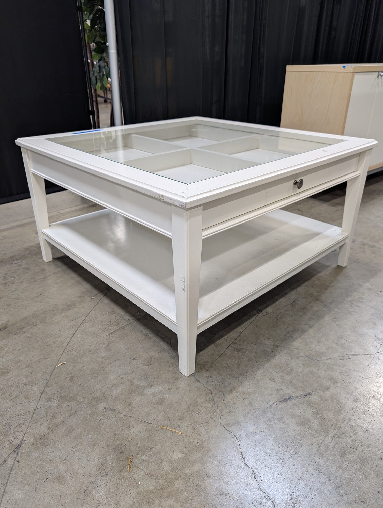 White Wood Square Coffee Table with Glass Display Top