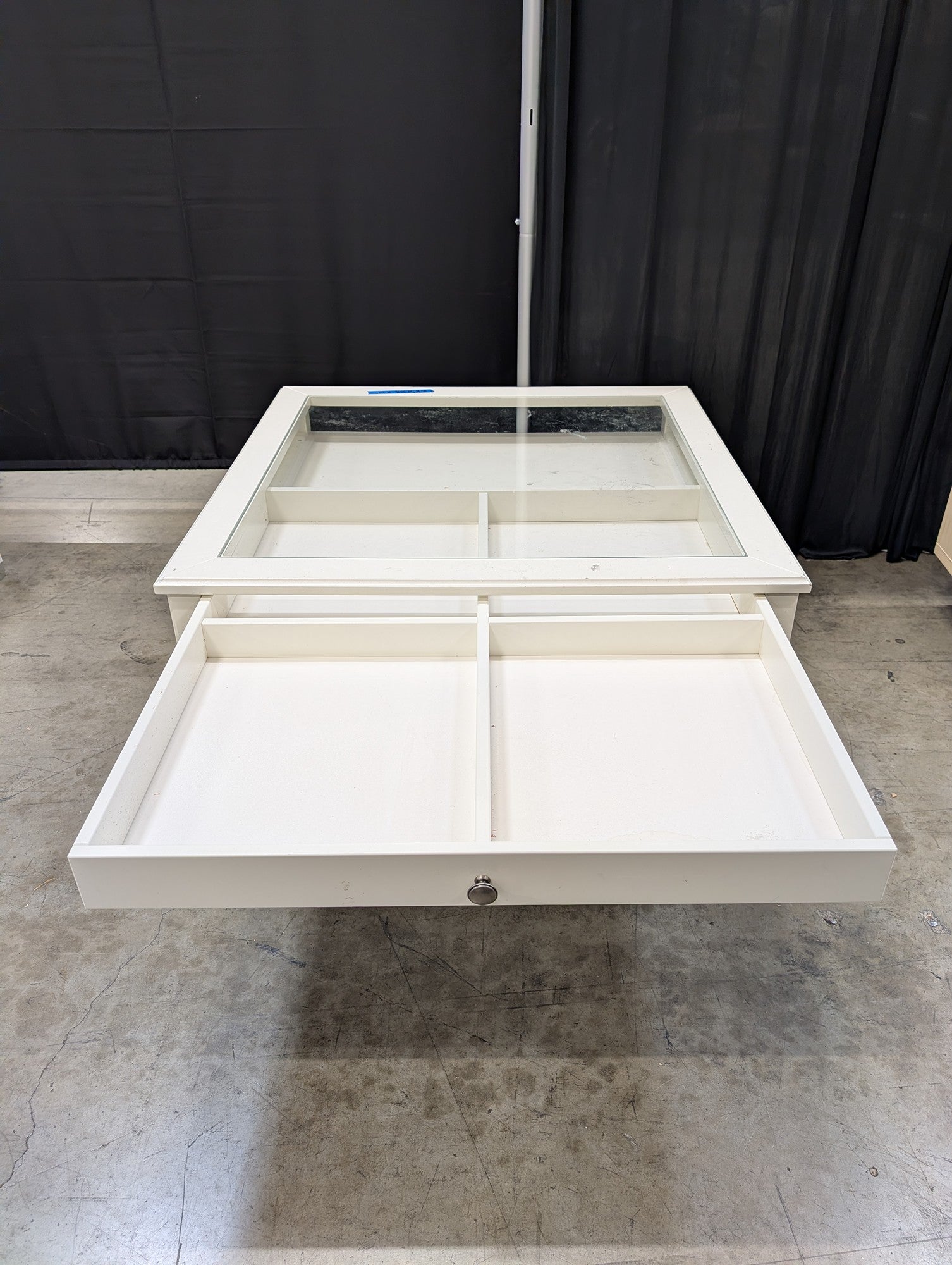 White Wood Square Coffee Table with Glass Display Top