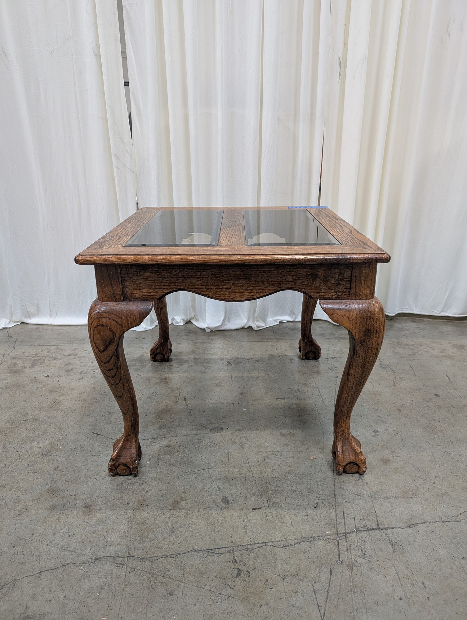 Traditional Oak Glass-Top End Table with Claw Feet