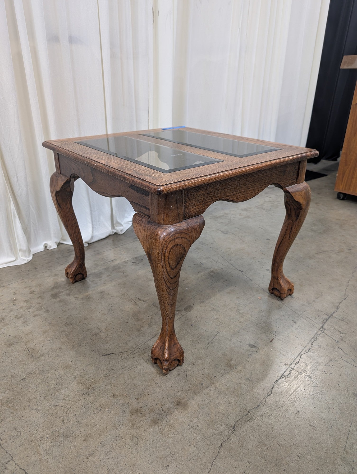 Traditional Oak Glass-Top End Table with Claw Feet